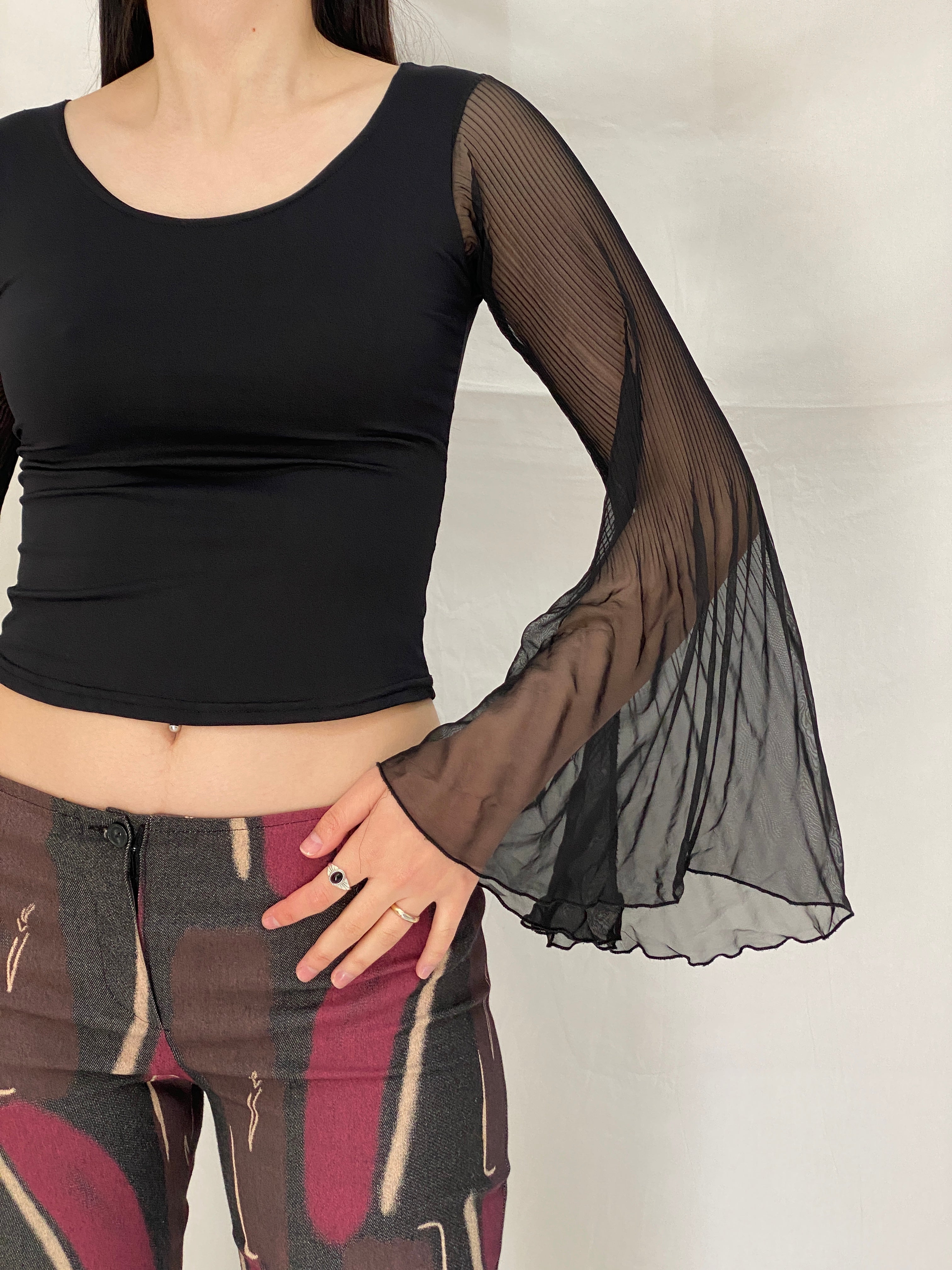 Vintage Y2K Xanaka Black Sheer Bell Long Sleeve Whimsy Goth Top – S