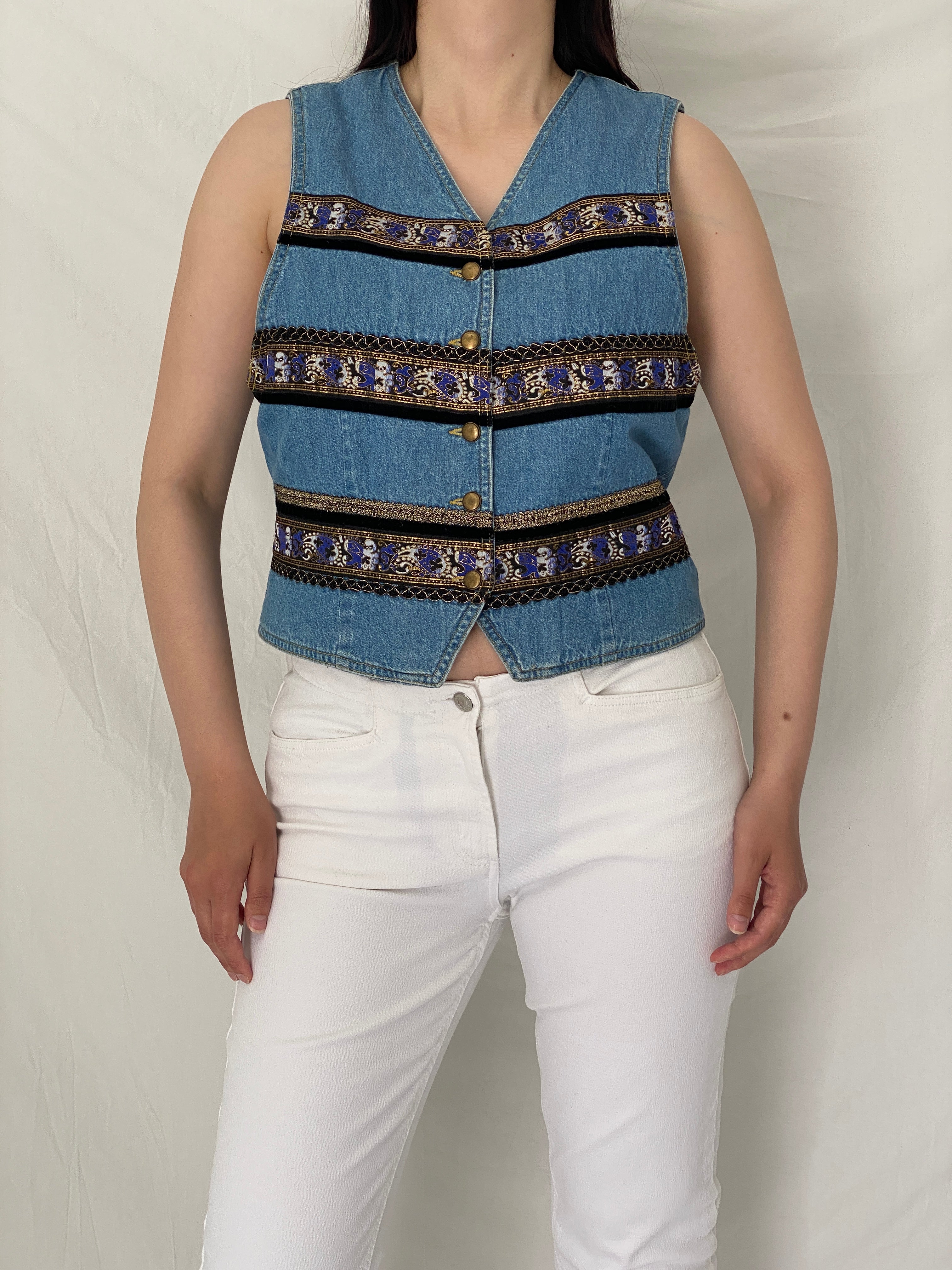 Vintage Y2K Liz Wear Denim Vest Boho Tapestry Trim Button Front Cropped Jean Waistcoat – M