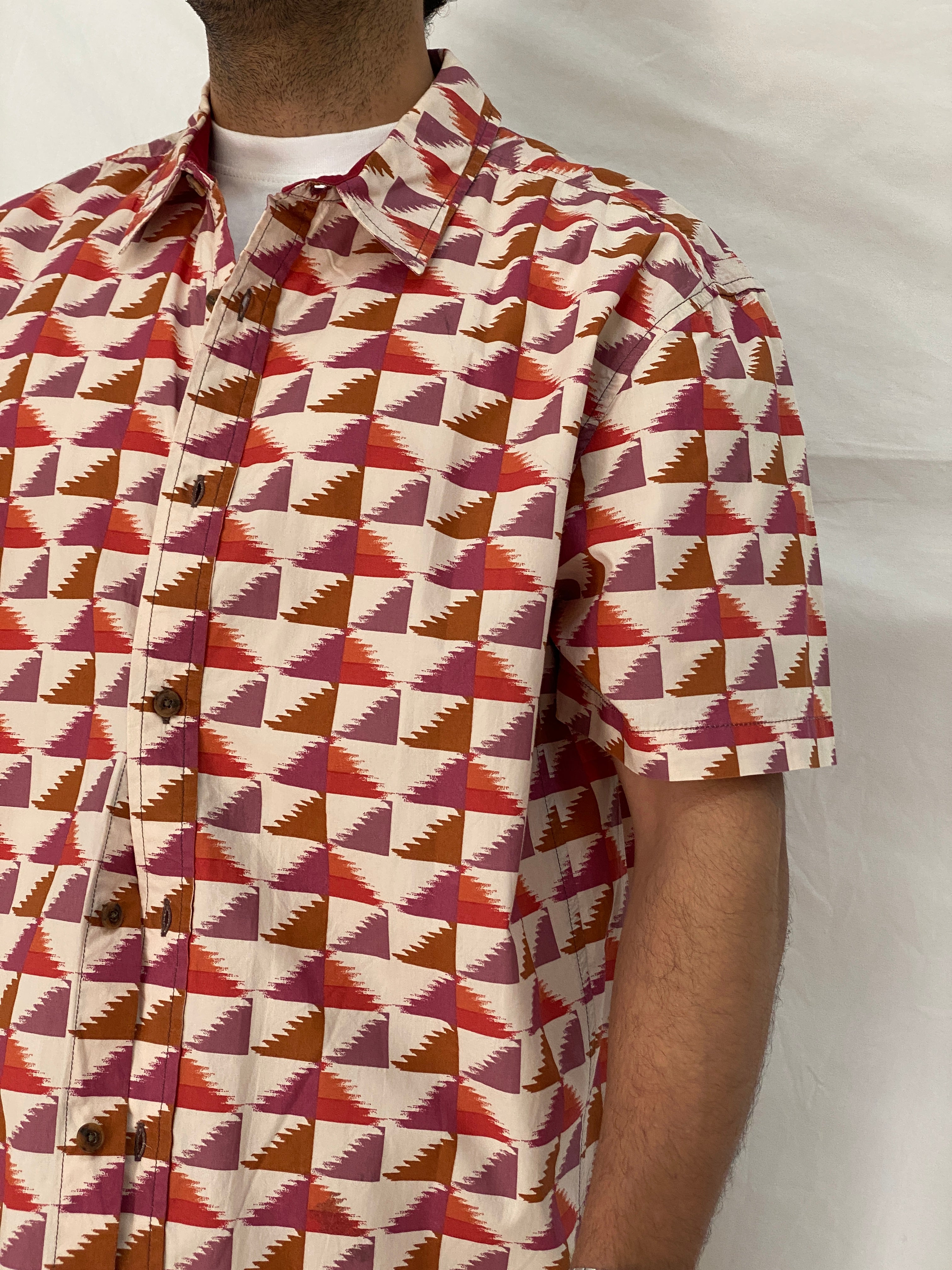 Prana Geometric Print Cotton Red Pink Abstract Short Sleeve Shirt – XL