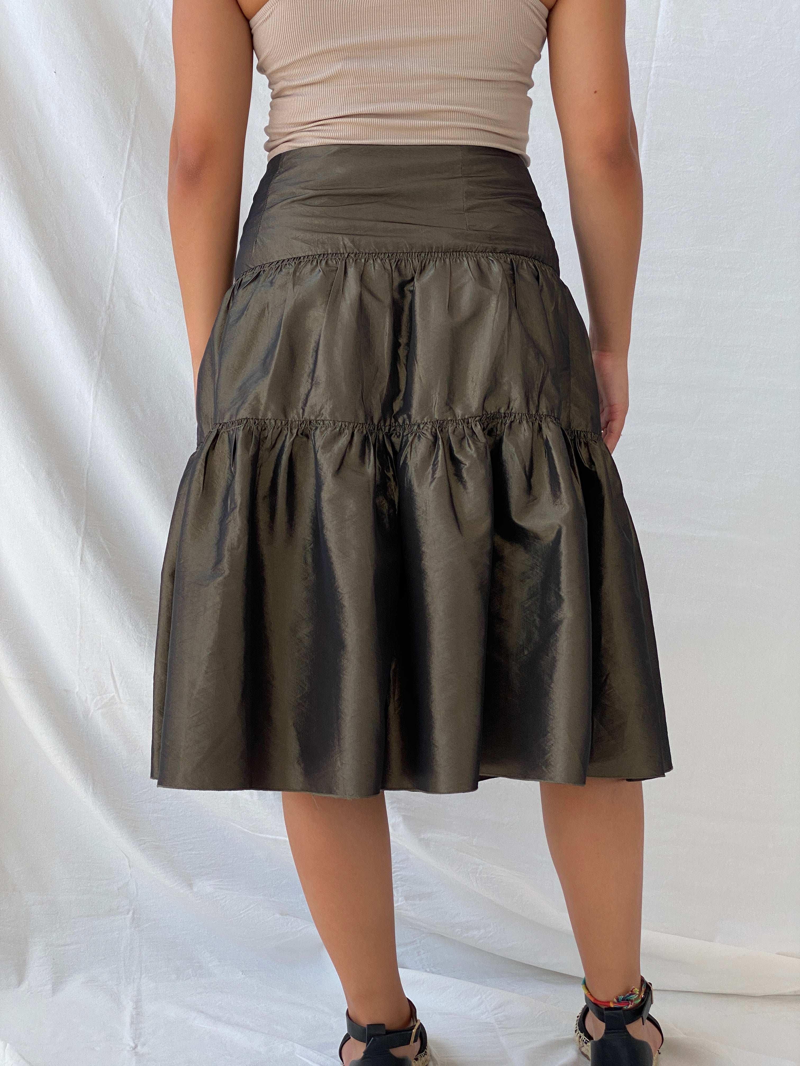 90e Morgan De Toi Metallic Olive Green Tiered Midi Skirt - M - Balagan Vintage Midi Skirt 00s, Lana, maxi skirt, metallic shirt, NEW IN, summer