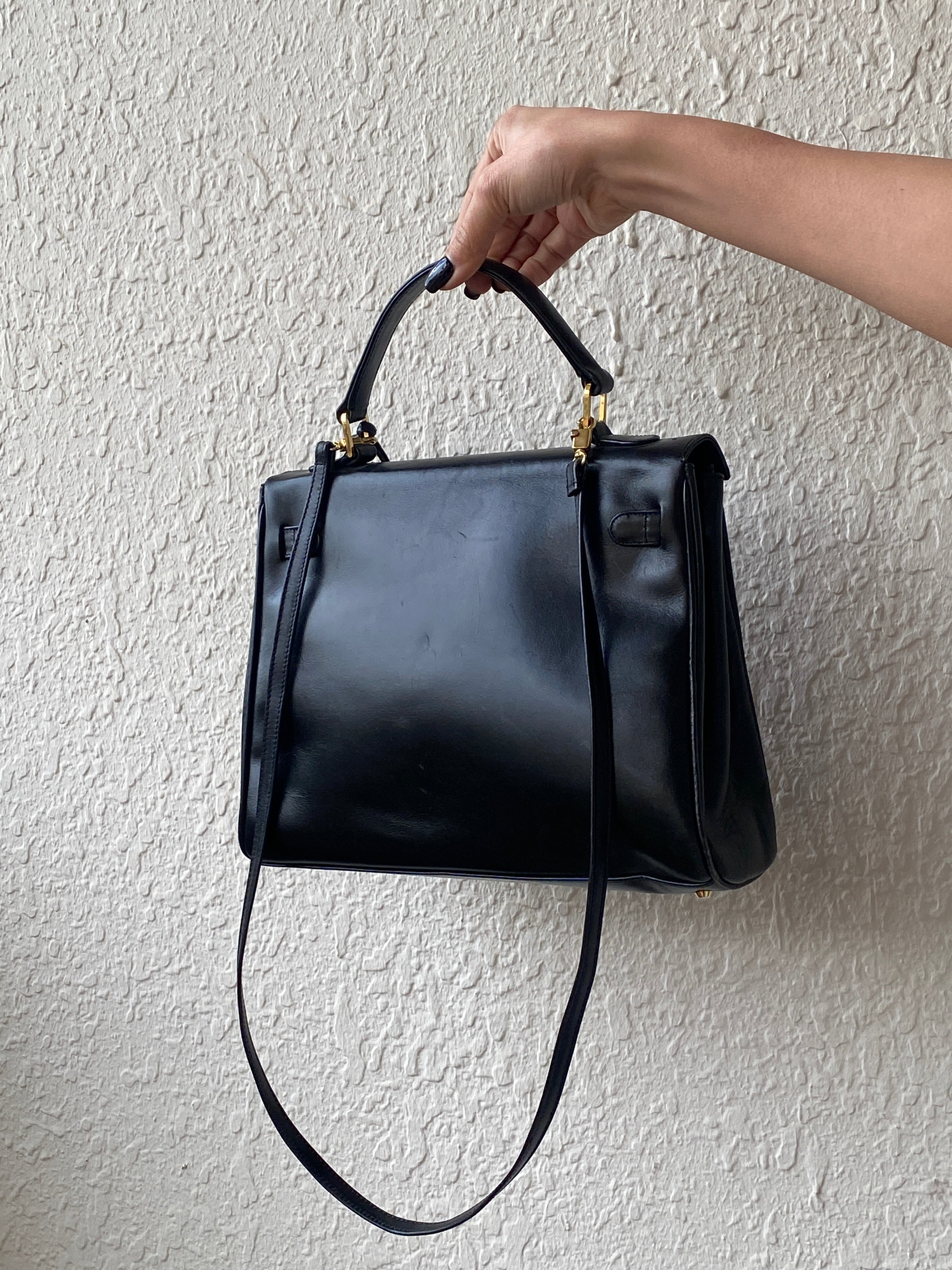 Vintage 1960s-1970s Susan Gail Structured Black Leather Kelly Bag Gold Turn Lock Top Handle