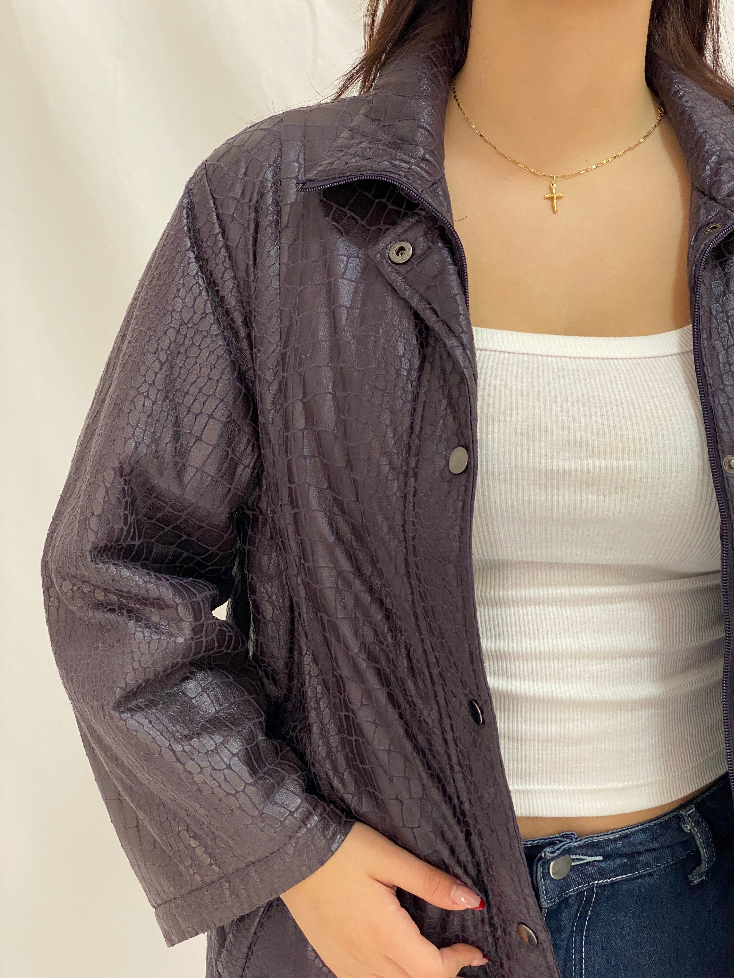 Vintage Purple Croc-Embossed Textured Longline Jacket Button-Up Coat - L