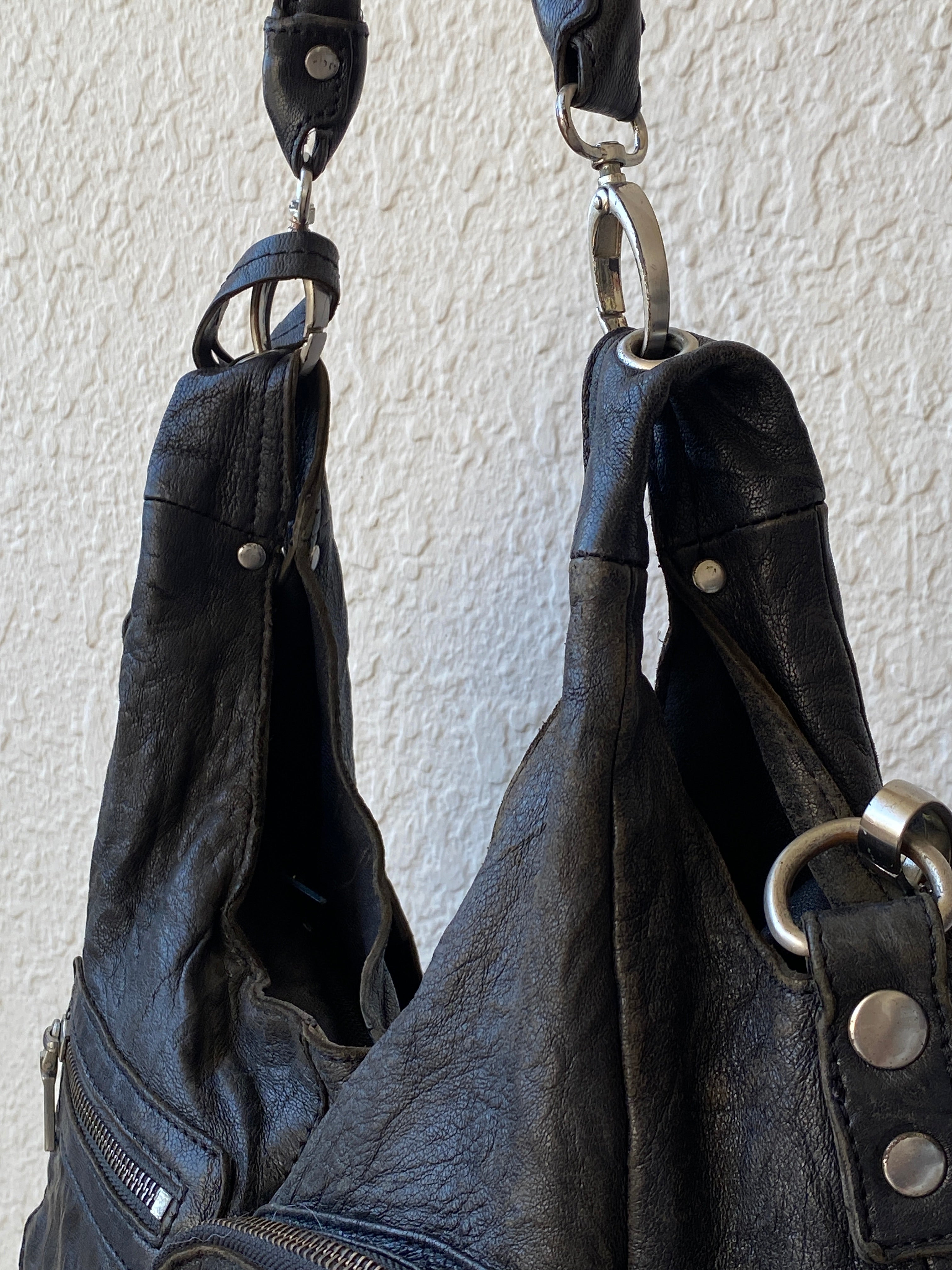 Liebeskind Berlin Distressed Black Leather Multi-Pocket Hobo Bag