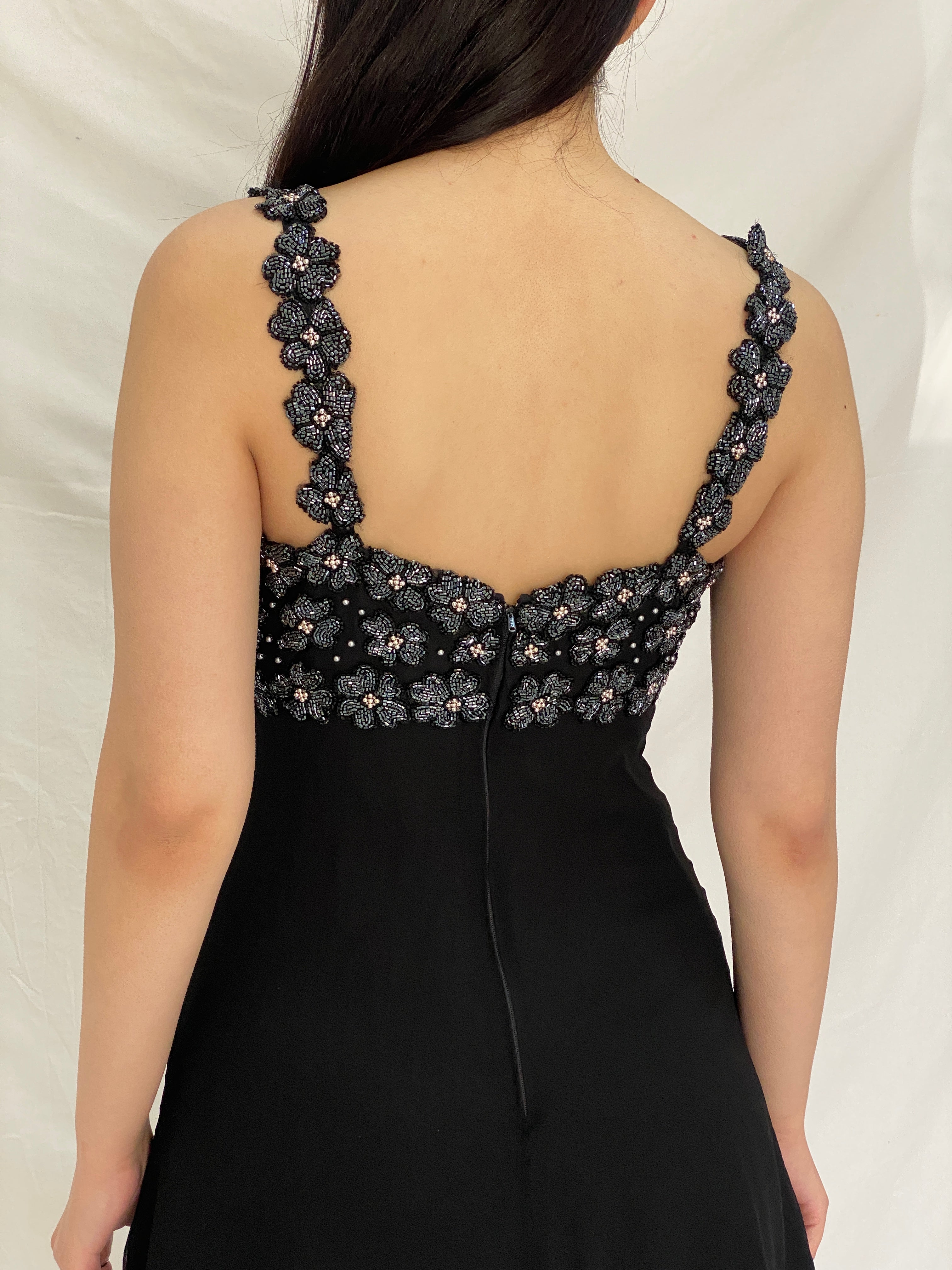Vintage 90s A.J. Bari Black Silk Beaded Floral Bodice Mini Dress - S Vintage 90s A.J. Bari Black Silk Beaded Floral Bodice Mini Dress - S