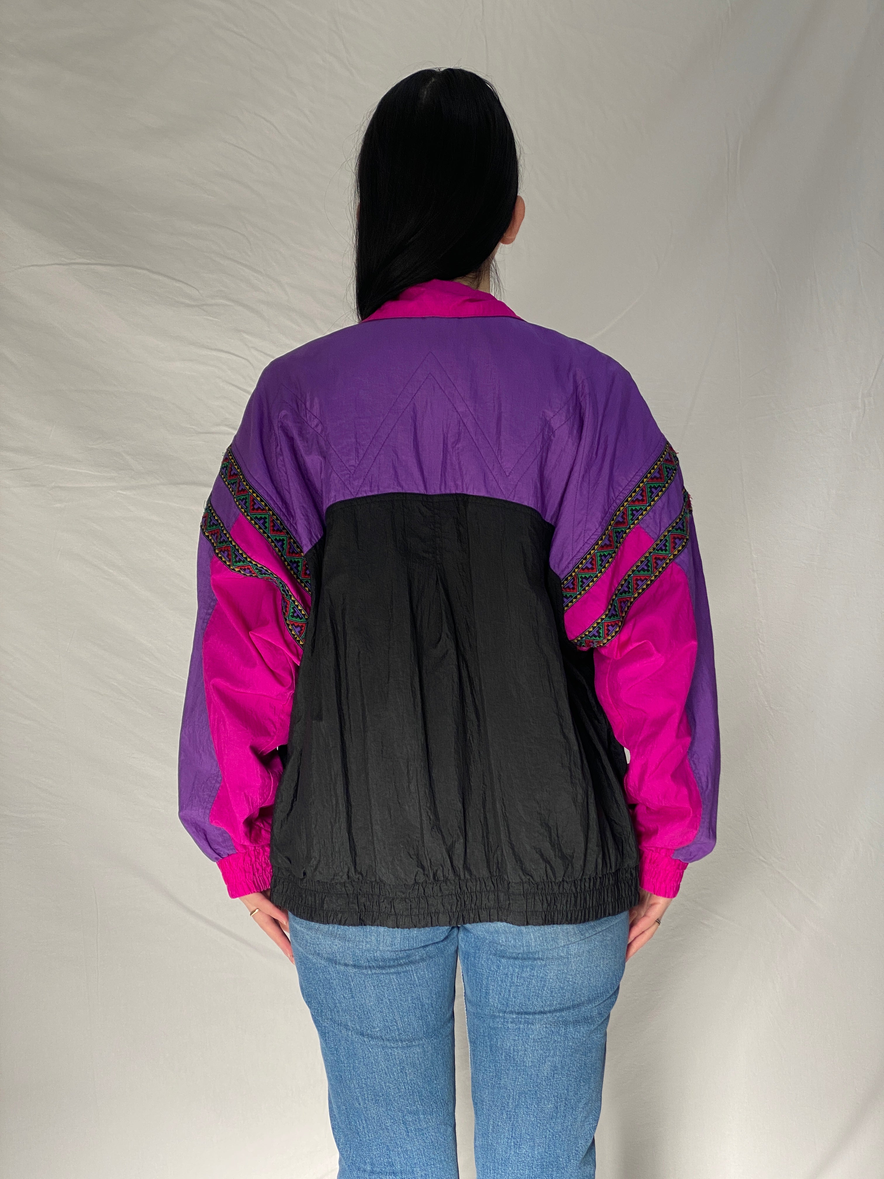 Vintage Andy Johns Colorblock Windbreaker Jacket - 90s Retro Purple Pink Black Oversized Lightweight Track Jacket - L