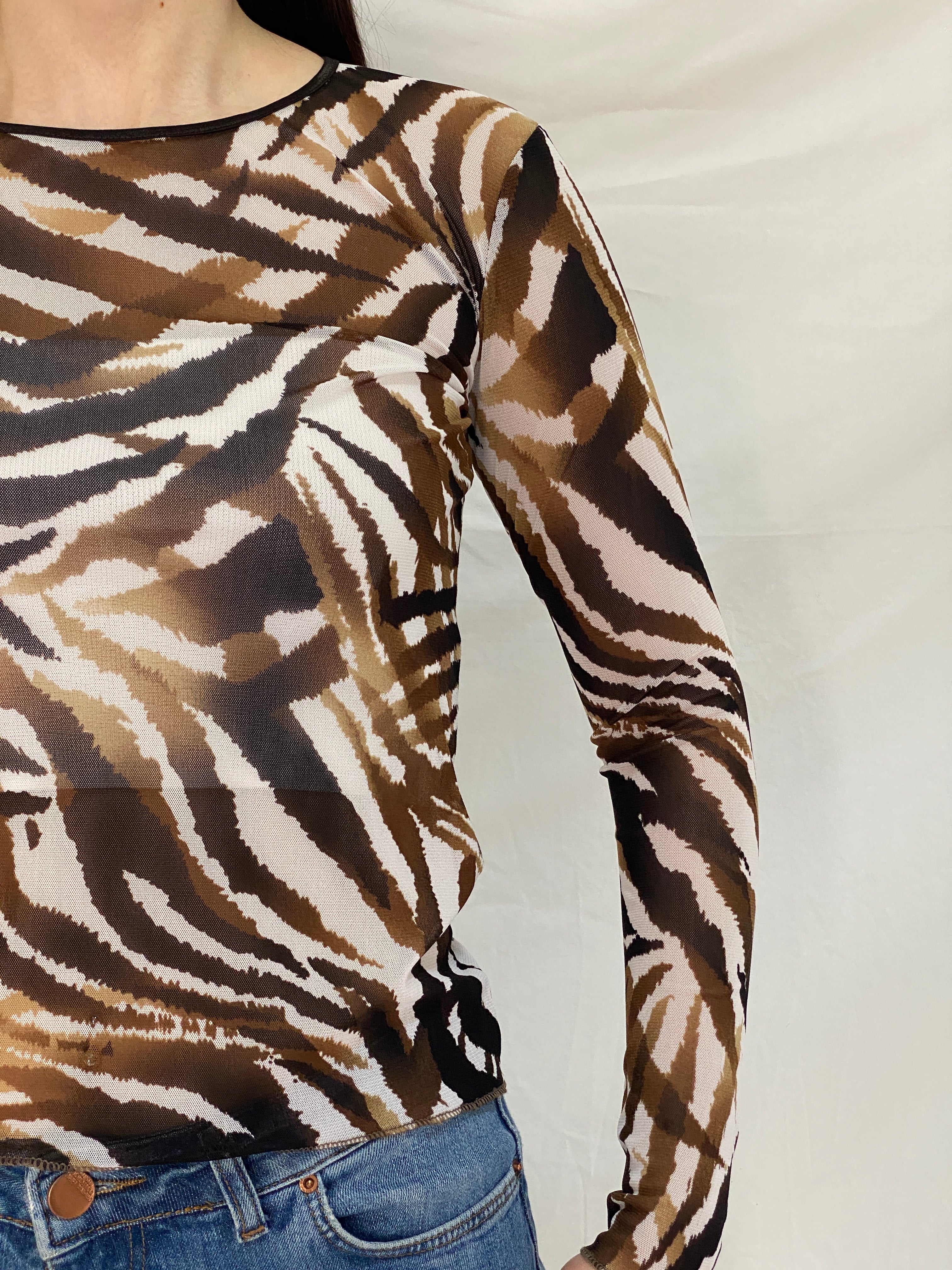 Vintage Pinto de Castro Brown Zebra Print Mesh Long Sleeve Top – M
