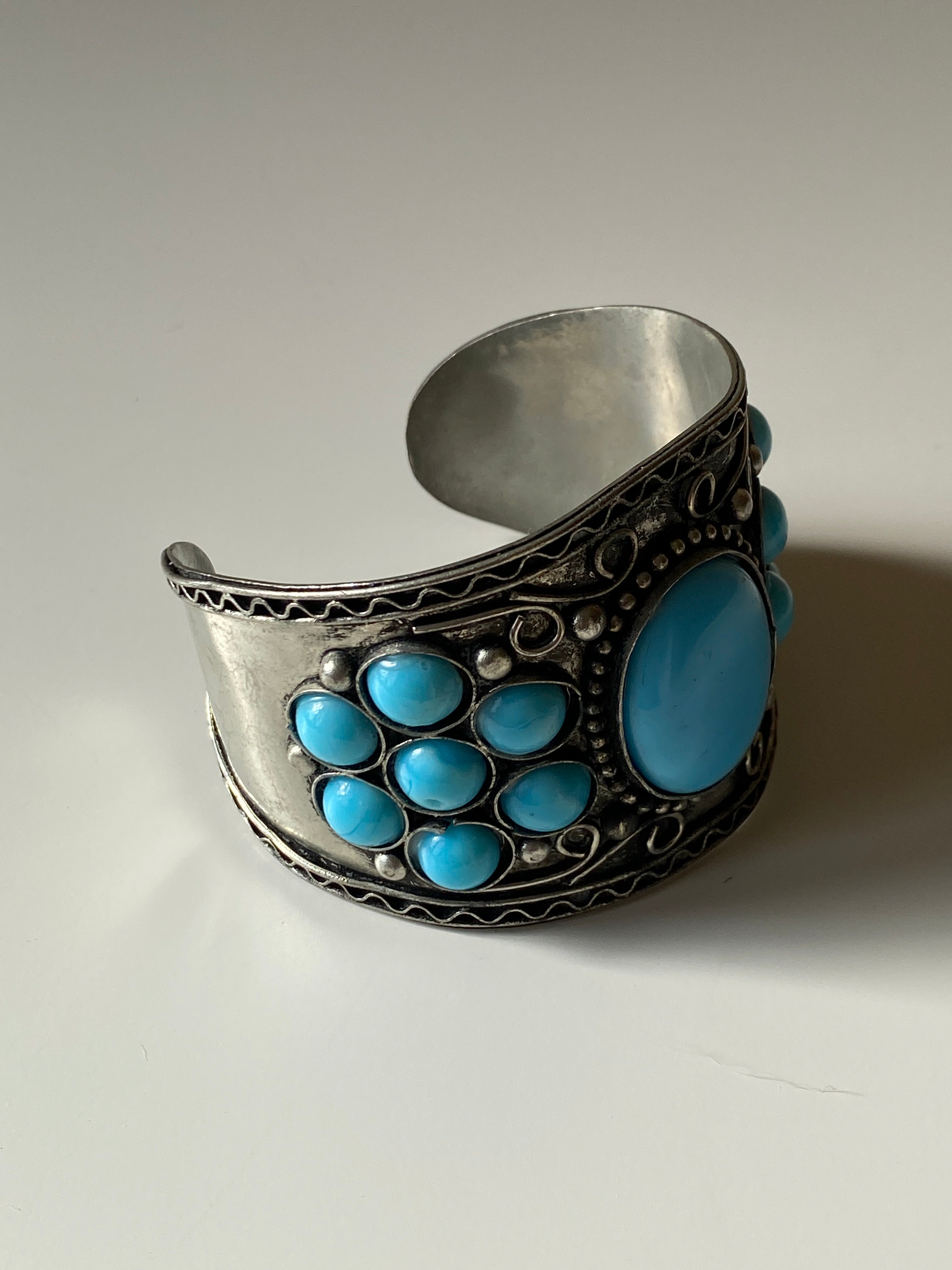 Vintage Silver Turquoise Statement Cuff Wide Boho Tribal Inlay Bracelet