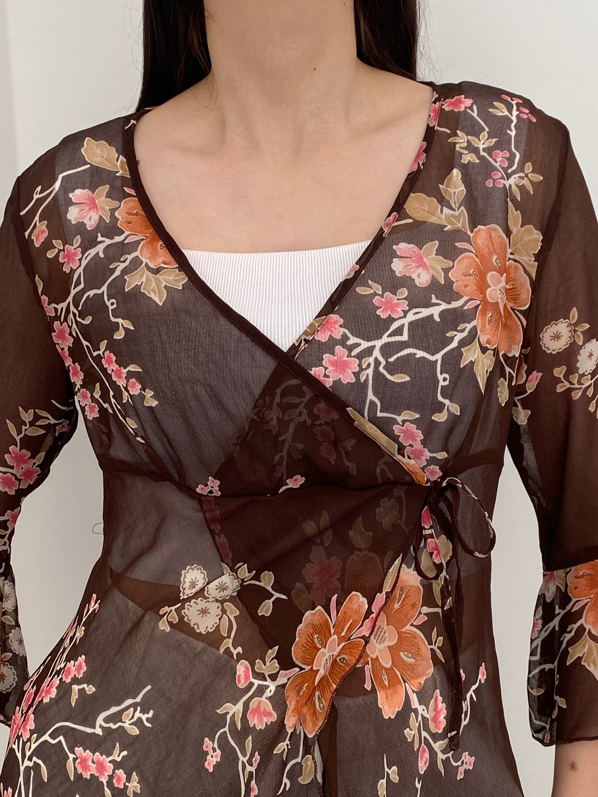 Y2K Une Mode Pour Moi Brown Sheer Floral Wrap Tunic Top – M