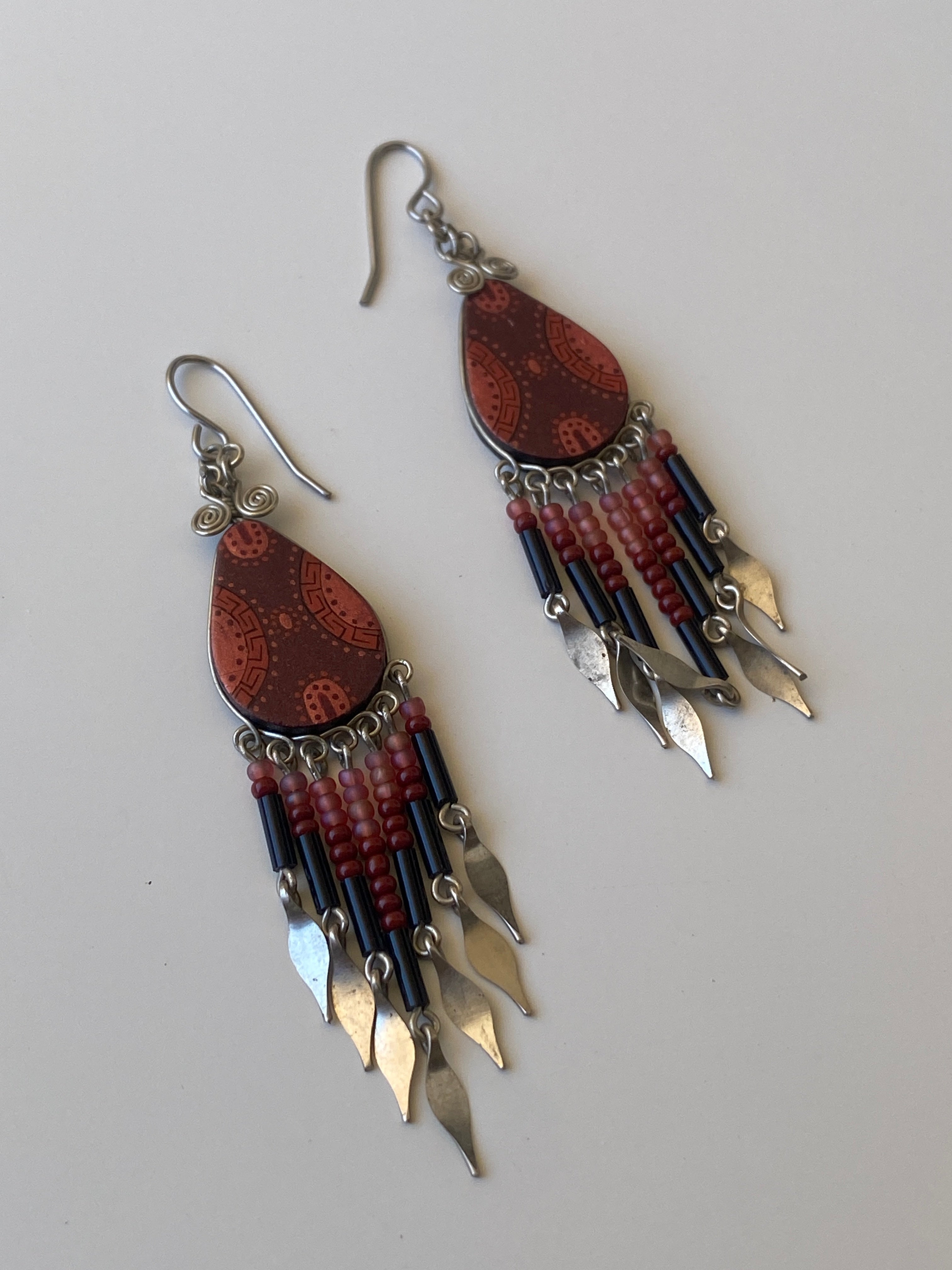 Vintage Boho Beaded Fringe Drop Earrings Tribal Inspired Red & Black Statement Earrings