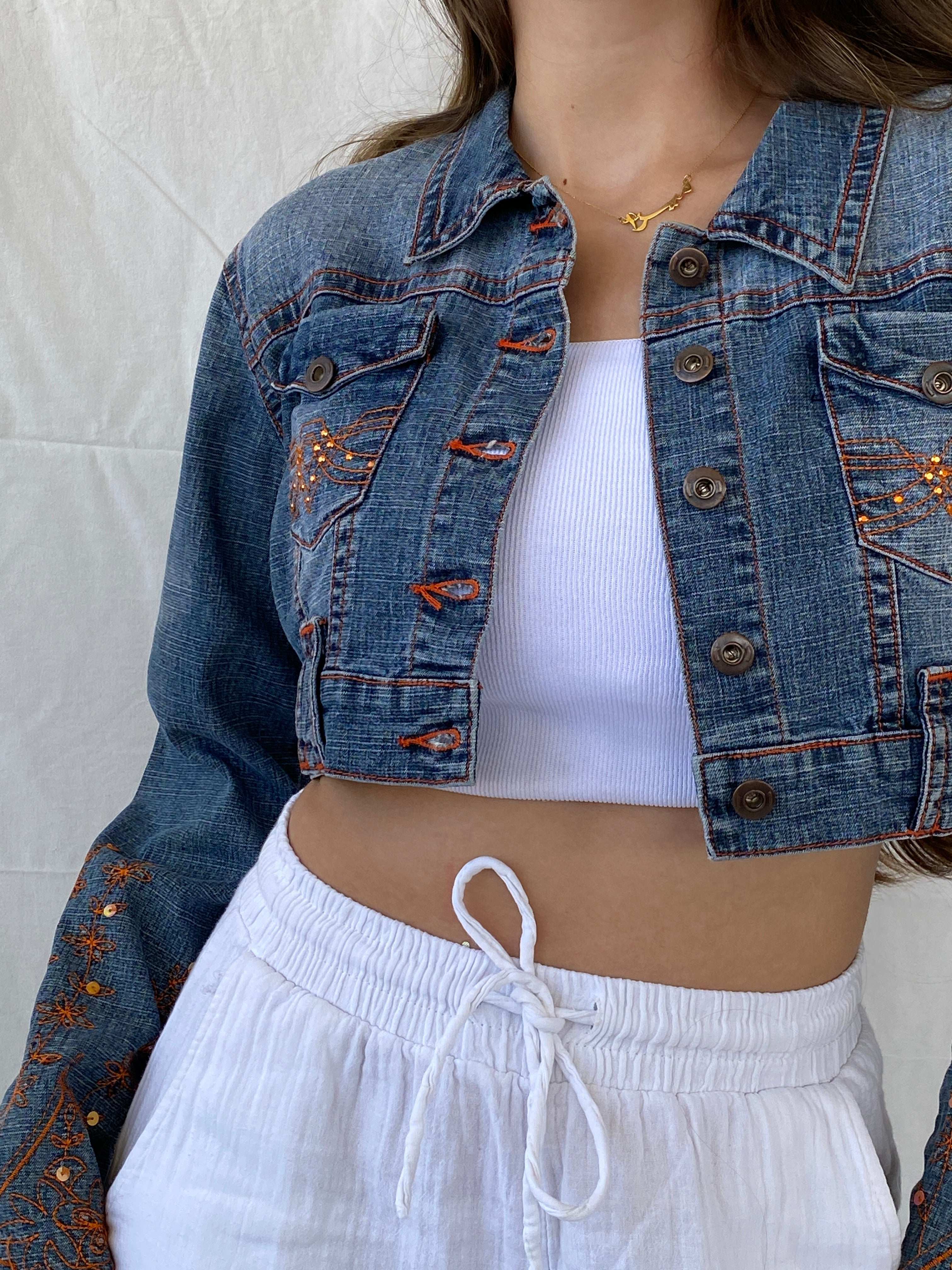 Vintage Y2K Apollo Jeans Cropped Denim Jacket With Orange Embroidery Details - M