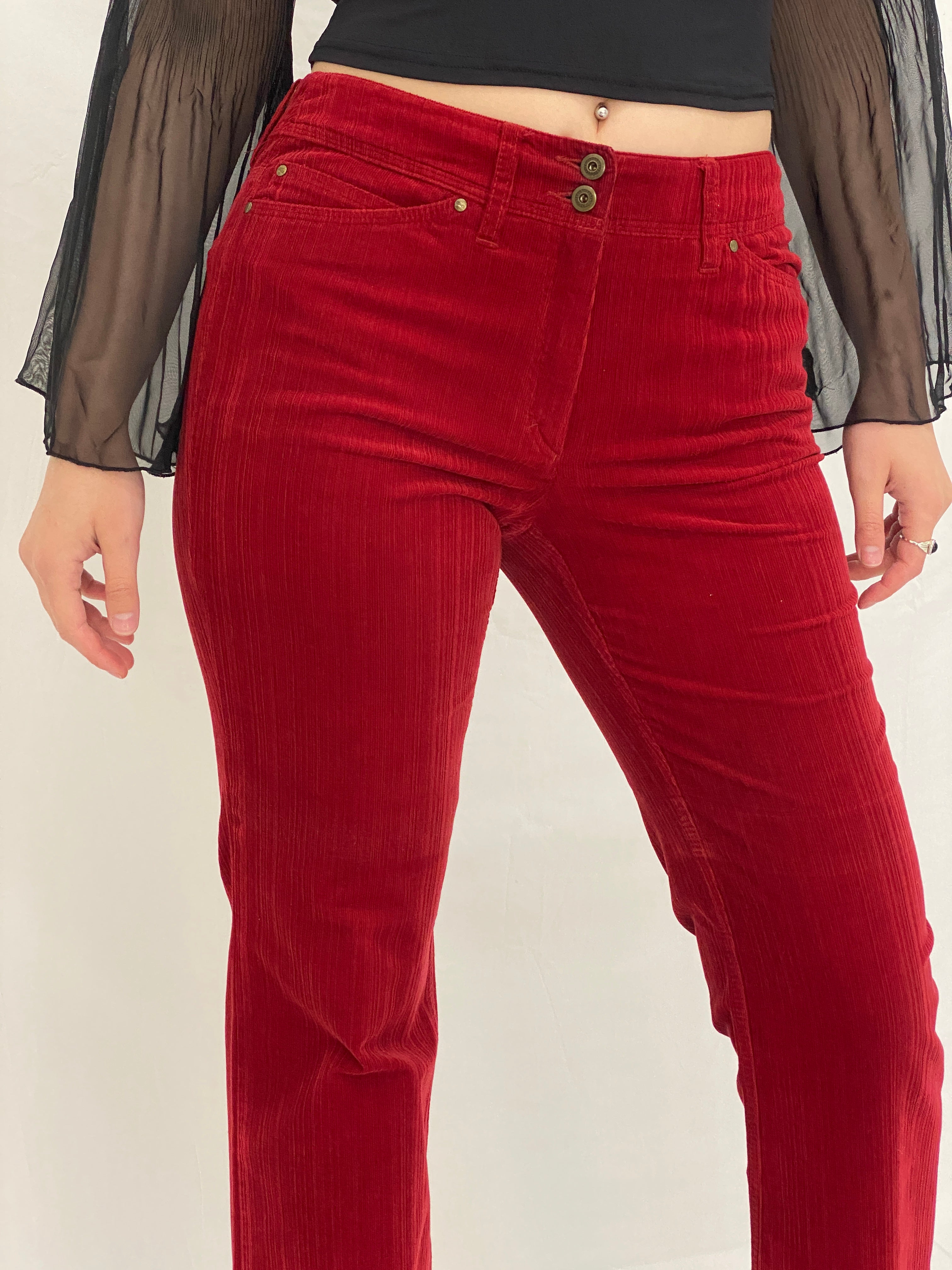 Y2K ZERRES Stretch Red Corduroy Straight Leg Mid Rise Pants - 38EU