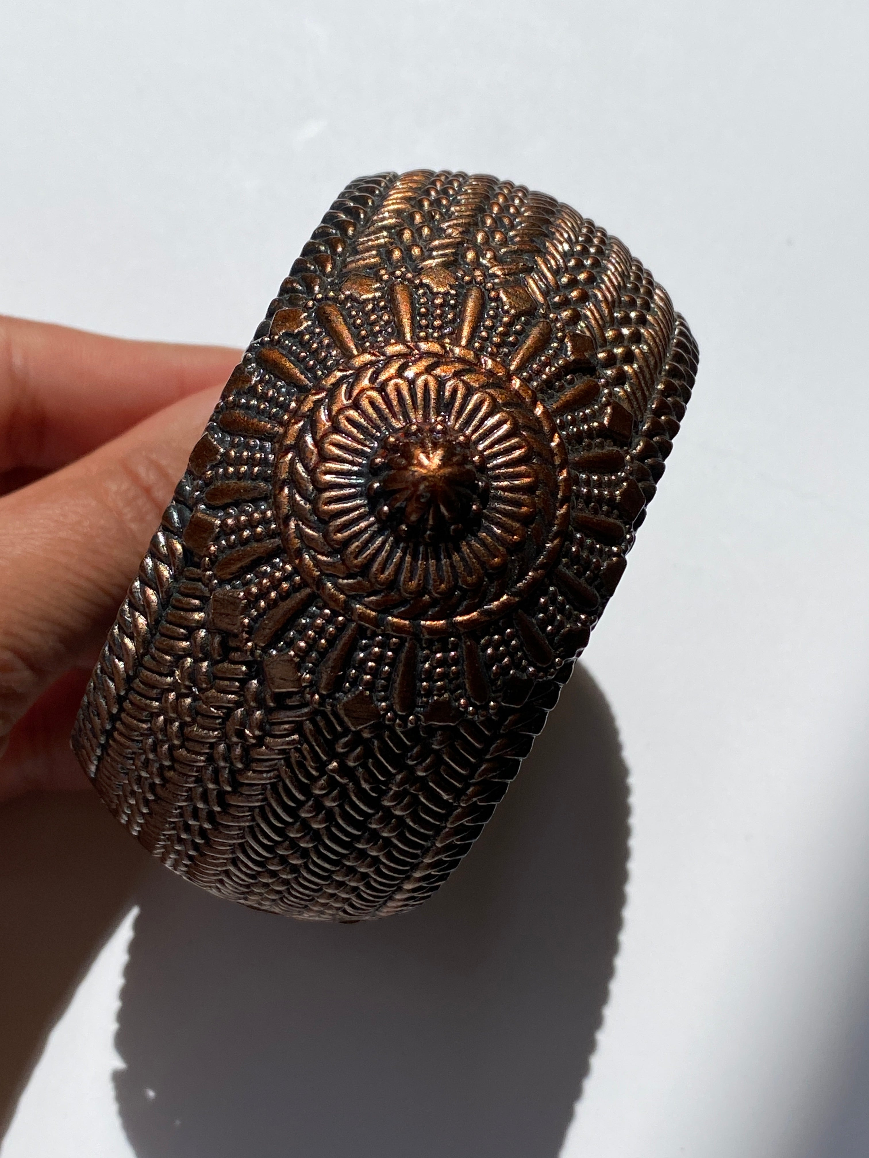 Vintage Copper Tone Embossed Lightweight Hinged Statement Cuff Bracelet