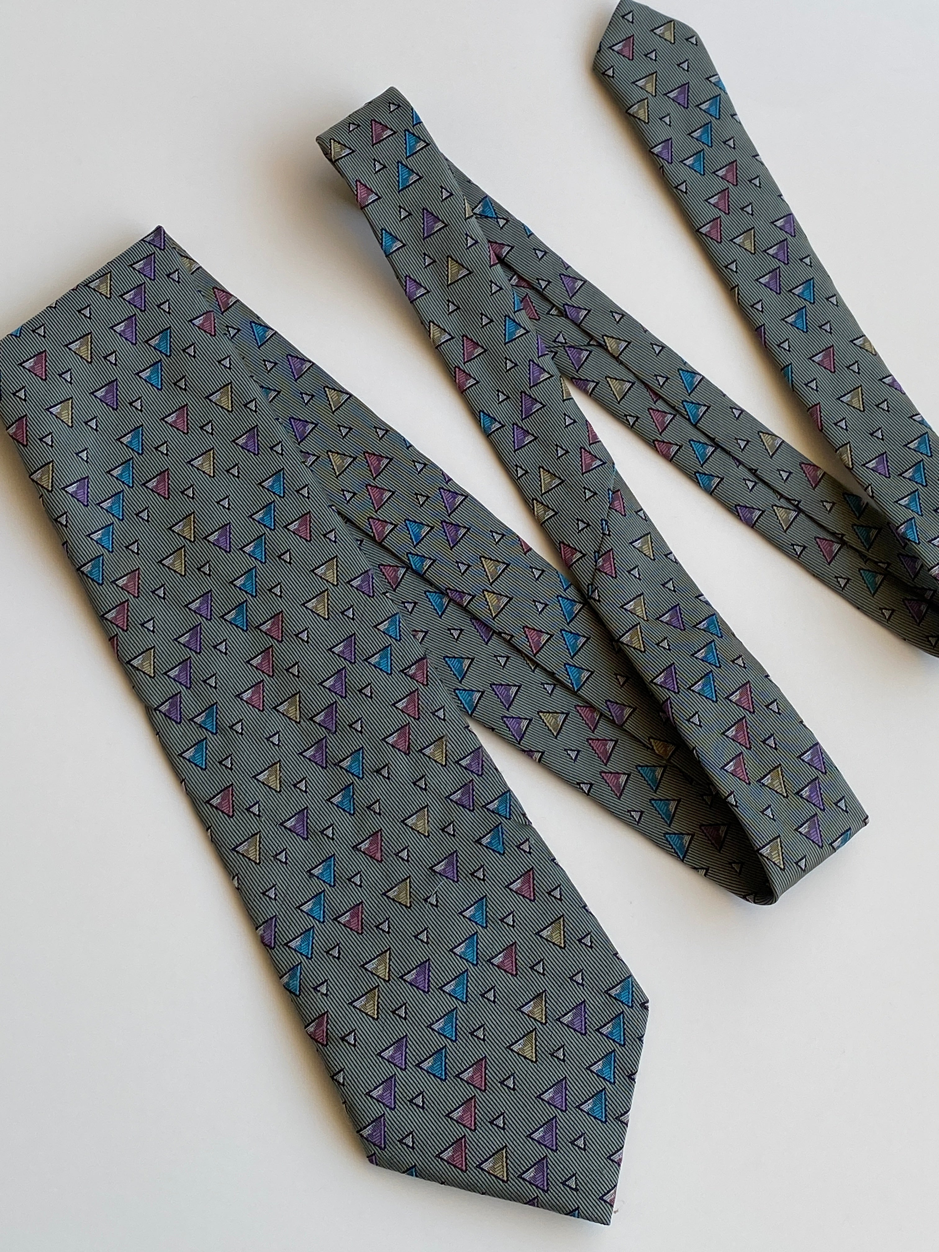 Vintage 1990s Grey Multicolor Geometric Triangle Polyester Necktie