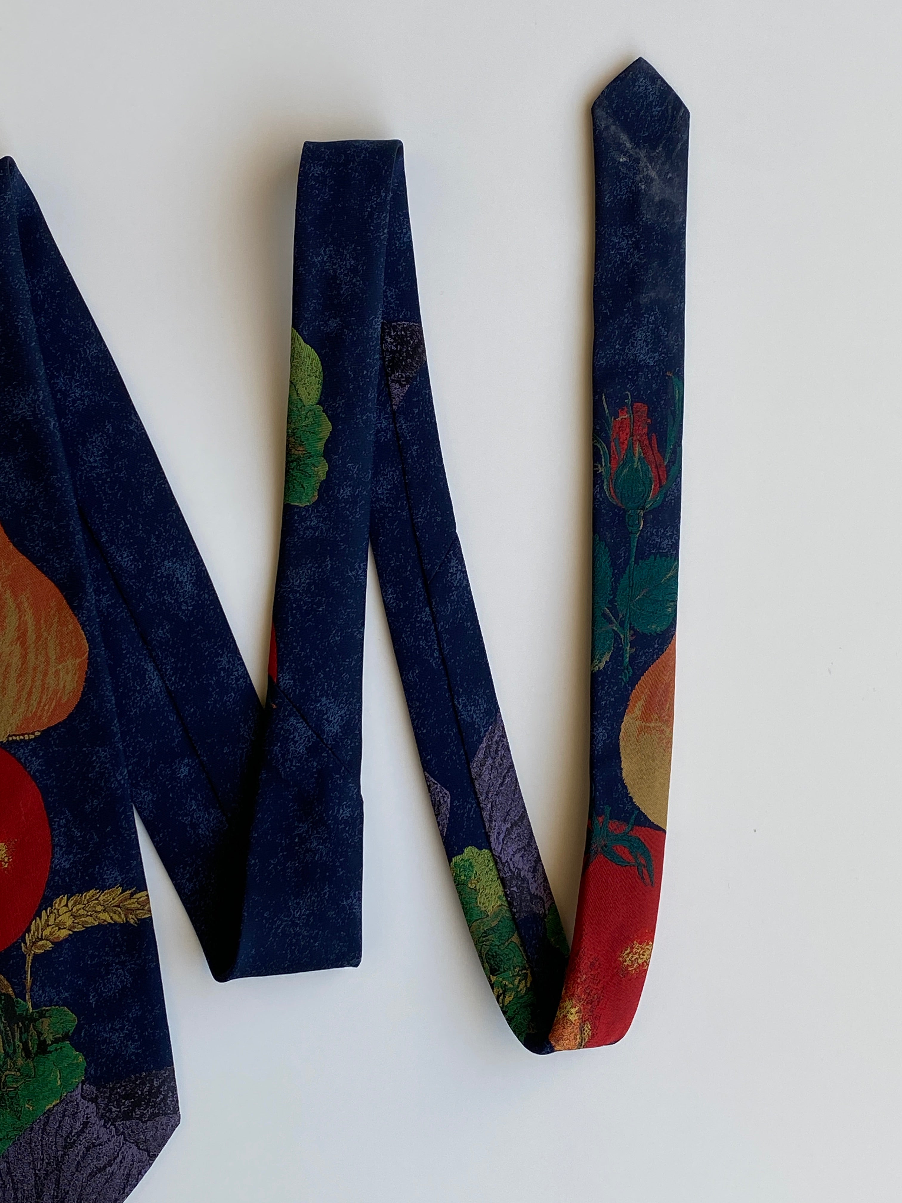 Vintage 1990s Hagelume Samen Zeker Navy Botanical Fruit Print Wide Necktie