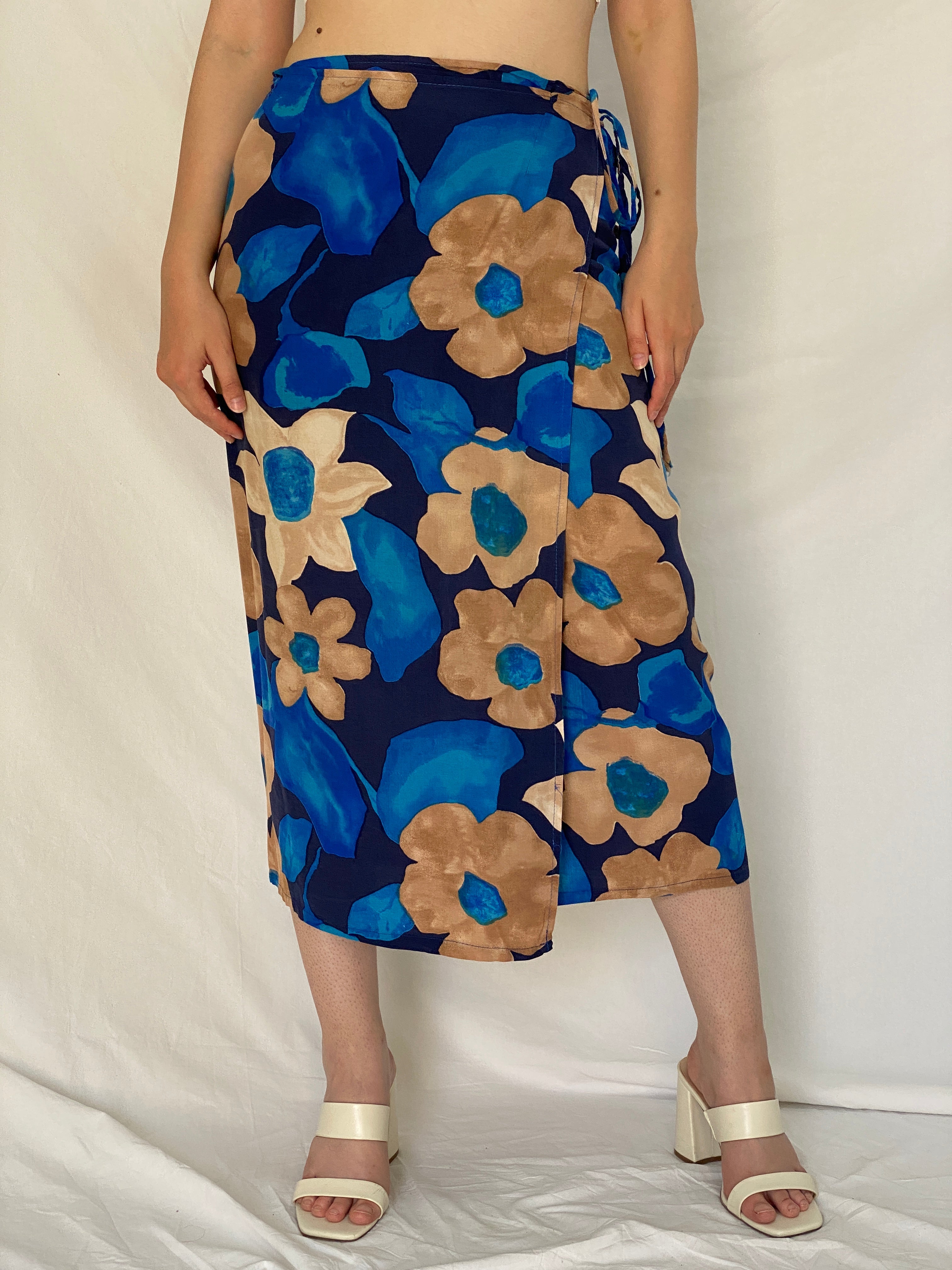Vintage 1990s Blue & Tan Abstract Floral Wrap Midi Skirt - M