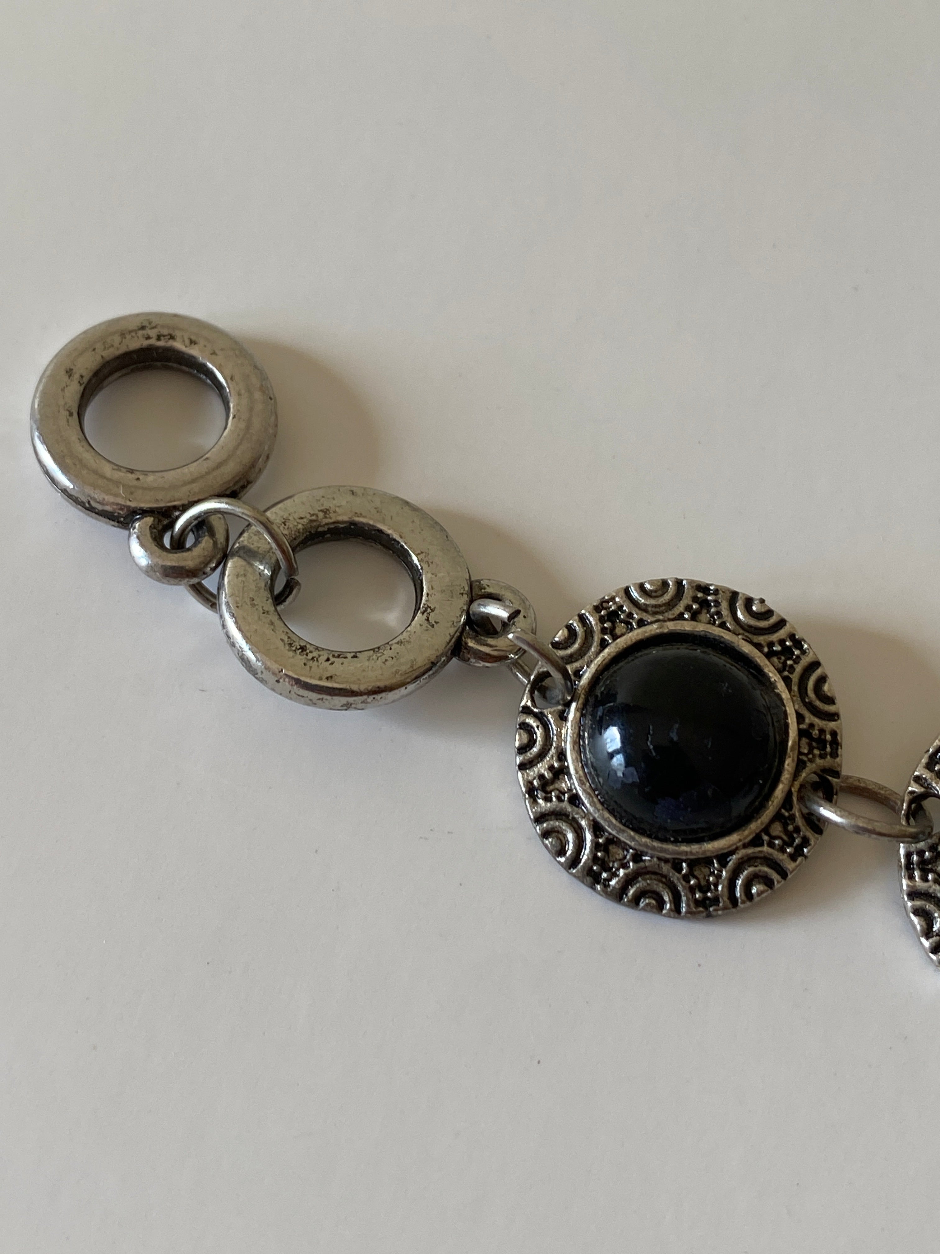 Vintage Silver Tone Black Cabochon Link Bracelet, Boho Statement Bracelet, Chunky Vintage Jewelry