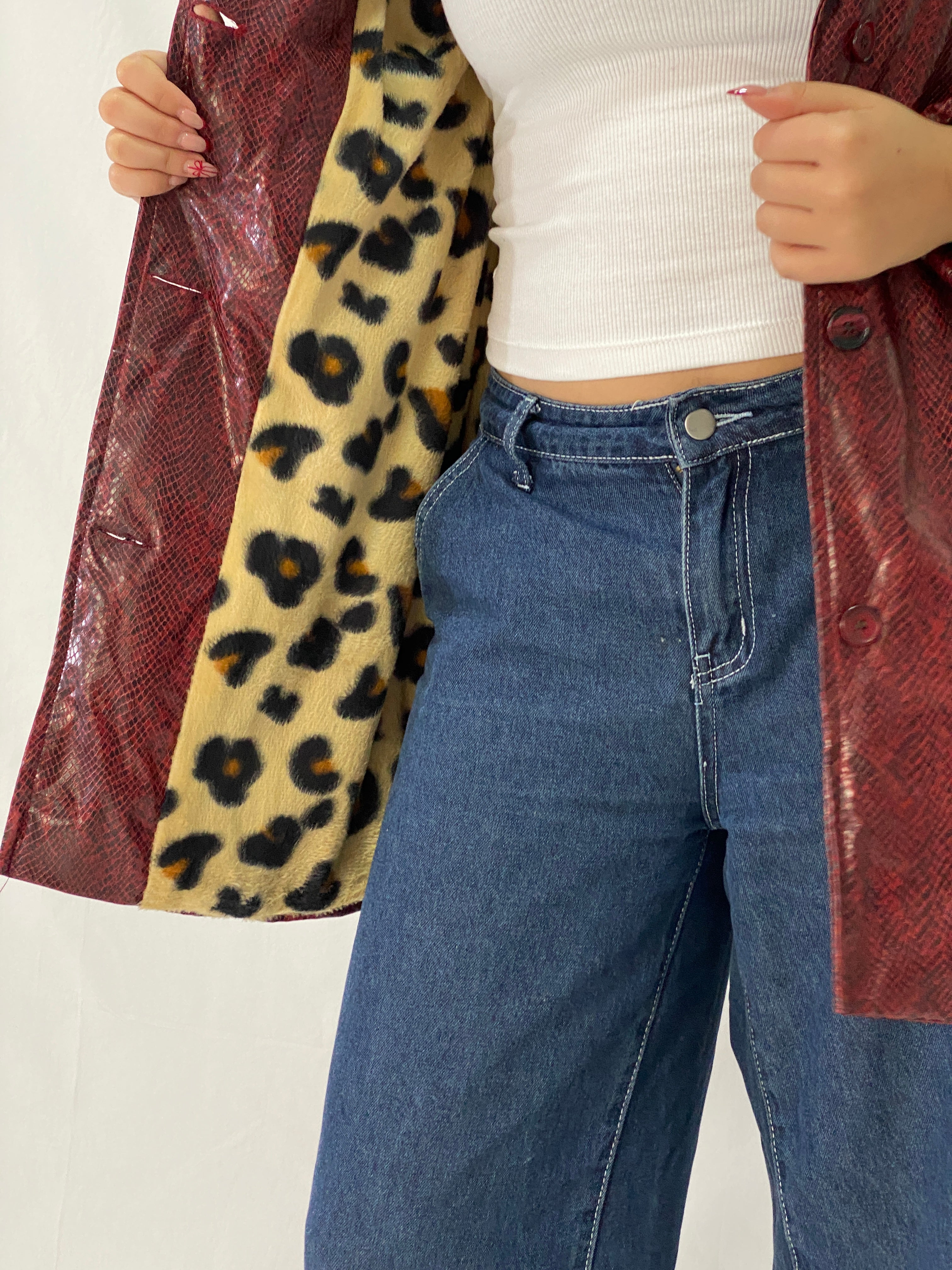 Vintage Burgundy Snakeskin Faux Leather Lined Coat with Leopard Print Interior – M