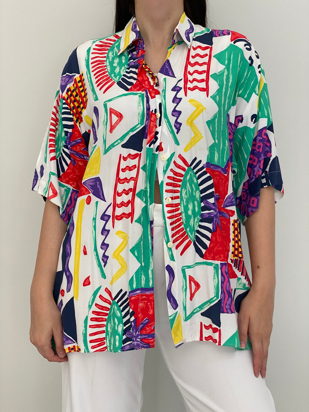 Vintage 90s Canda White Multicolor Abstract Art Print Oversized Shirt – XL