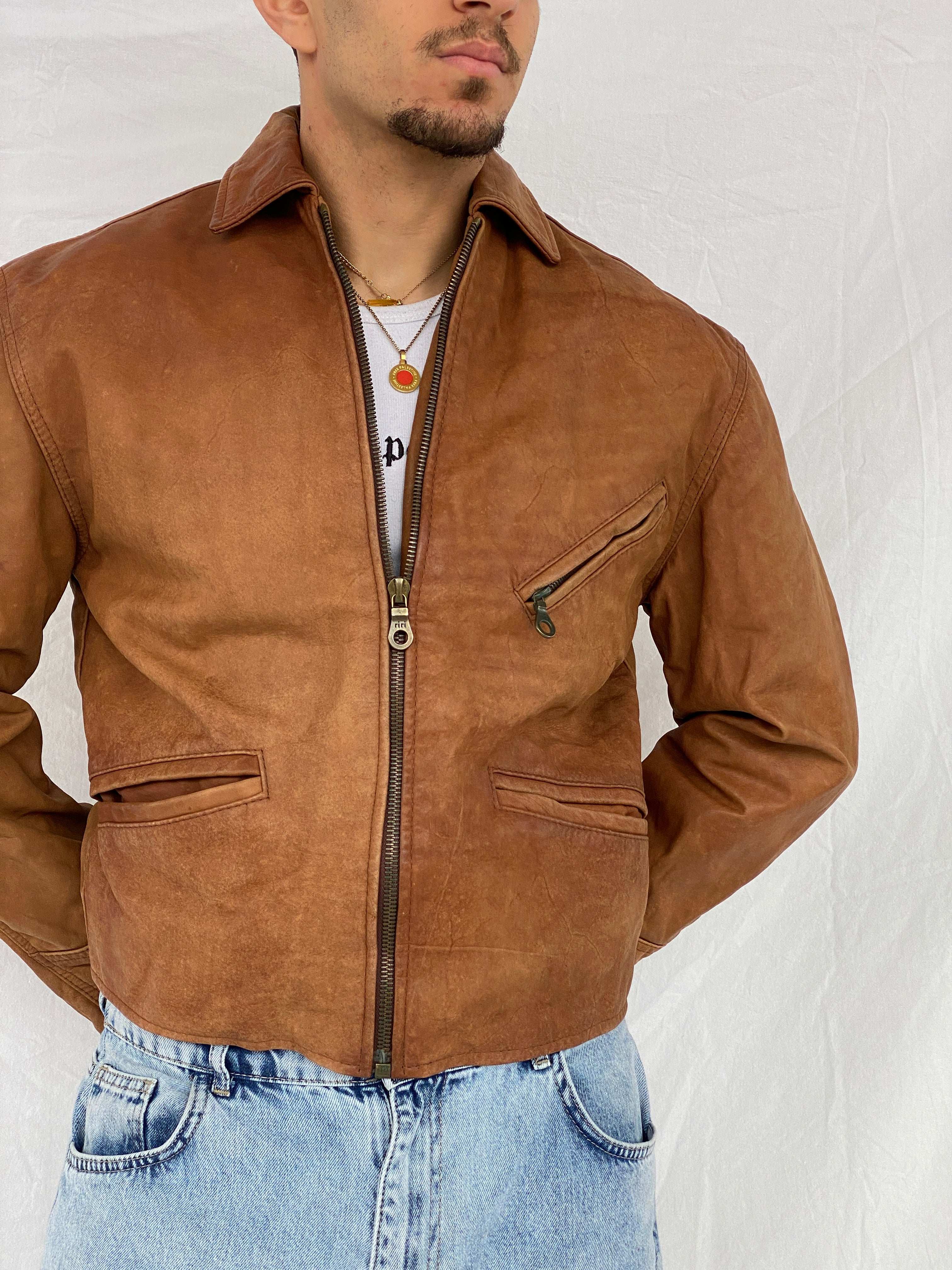 Vintage 90s Riri Zipper Genuine Leather Brown Jacket - Size M - Balagan Vintage Leather Jacket 90s, Abdullah, brown, brown leather, genuine leather, genuine leather jacket, leather jacket