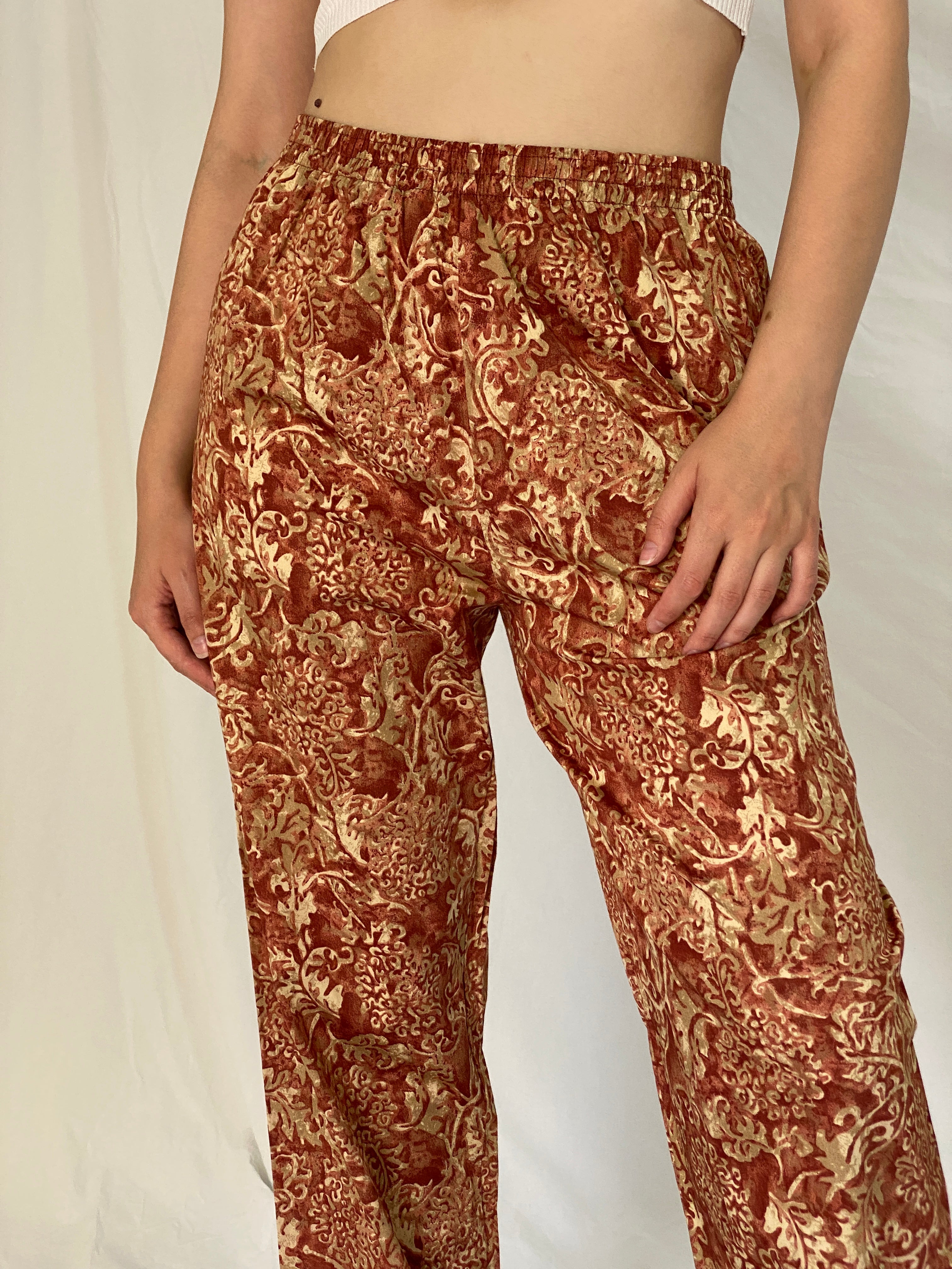 Vintage Peruvian Connection Rust & Cream Baroque Print Cotton Pants – M