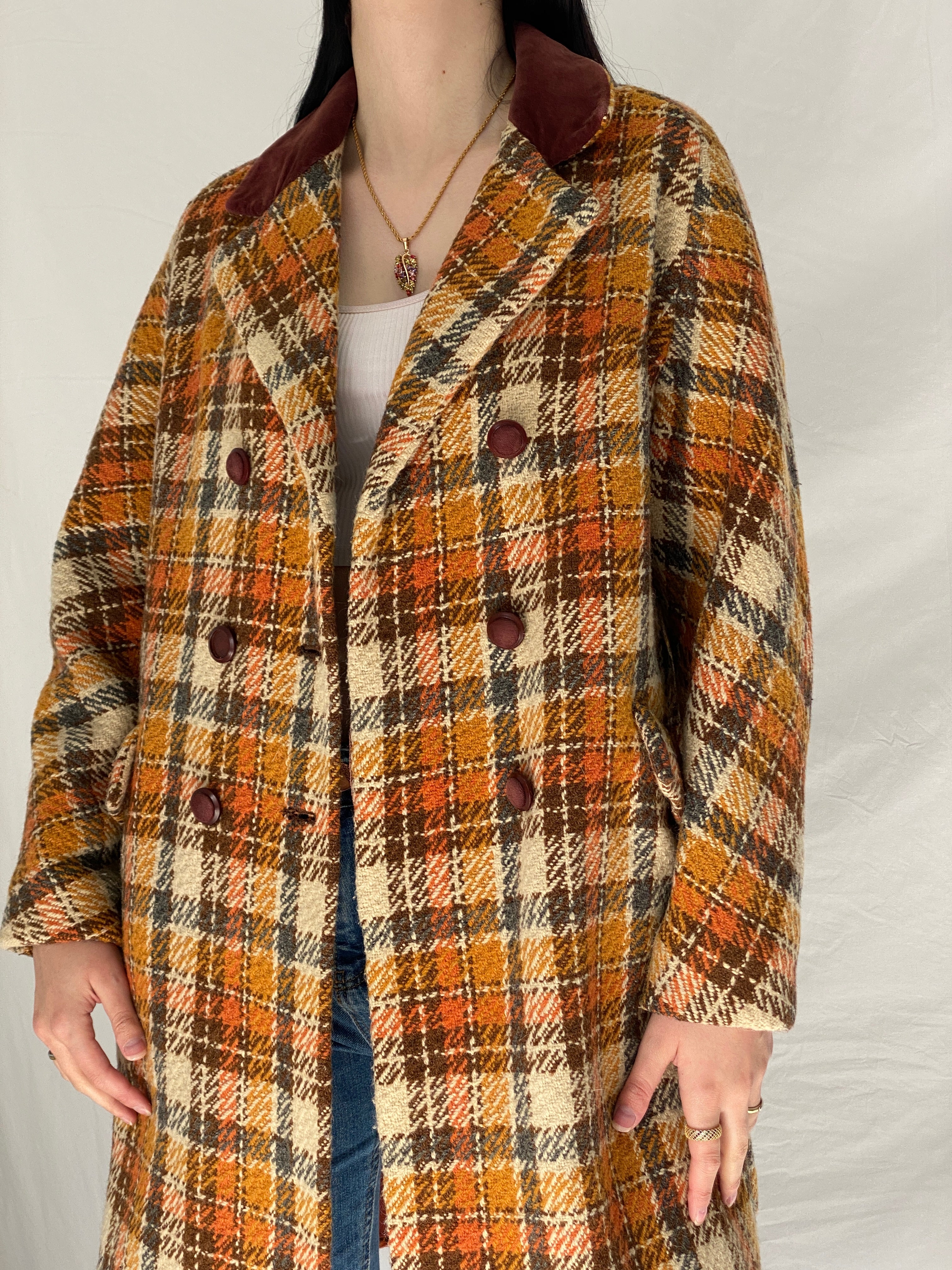 Vintage Brown & Rust Plaid Oversized Double-Breasted Wool Blend Coat with Velvet Collar - XL