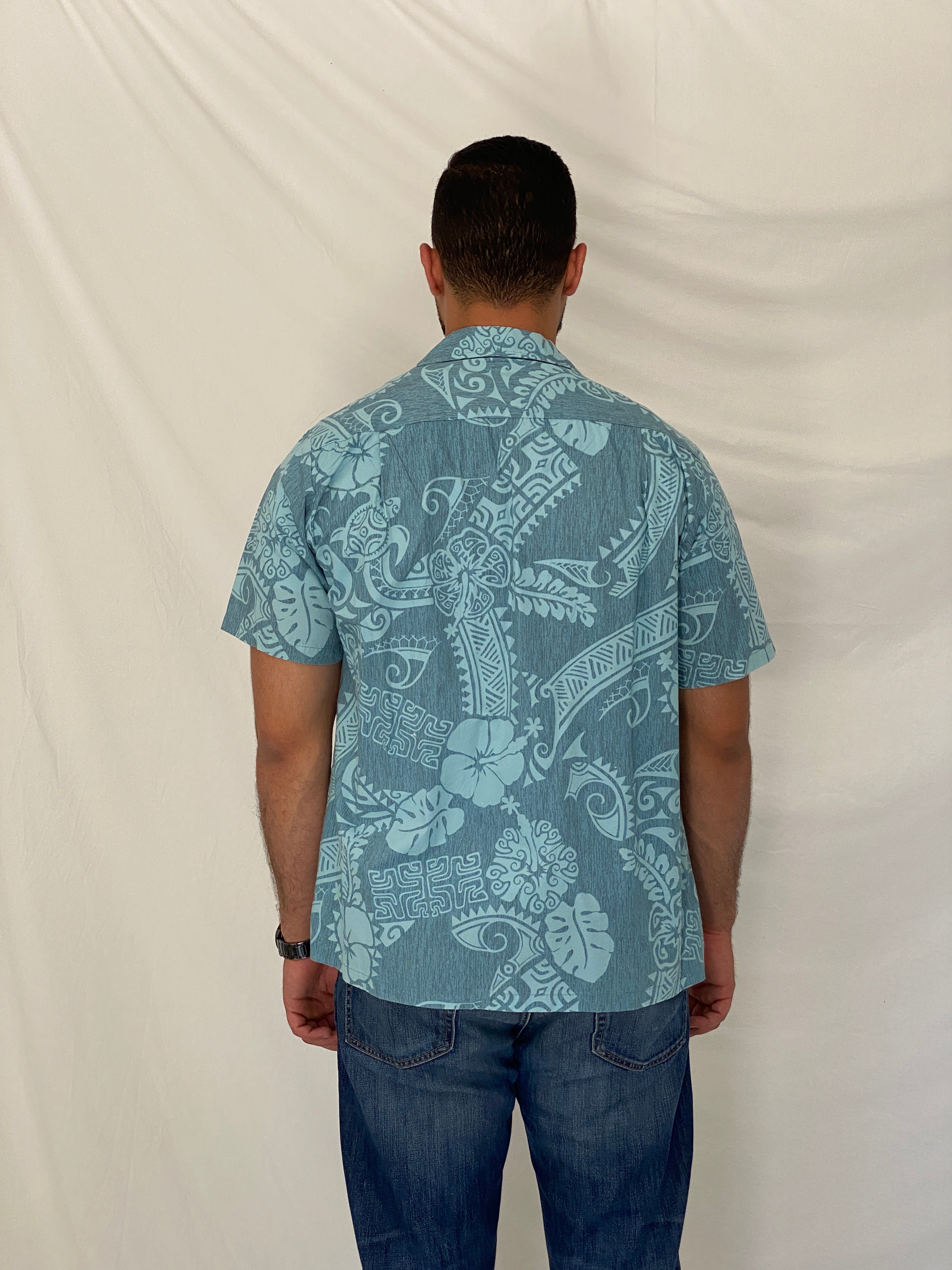 Vintage RJC Hawaiian Blue Cotton Aloha Tropical Tribal Camp Shirt – L