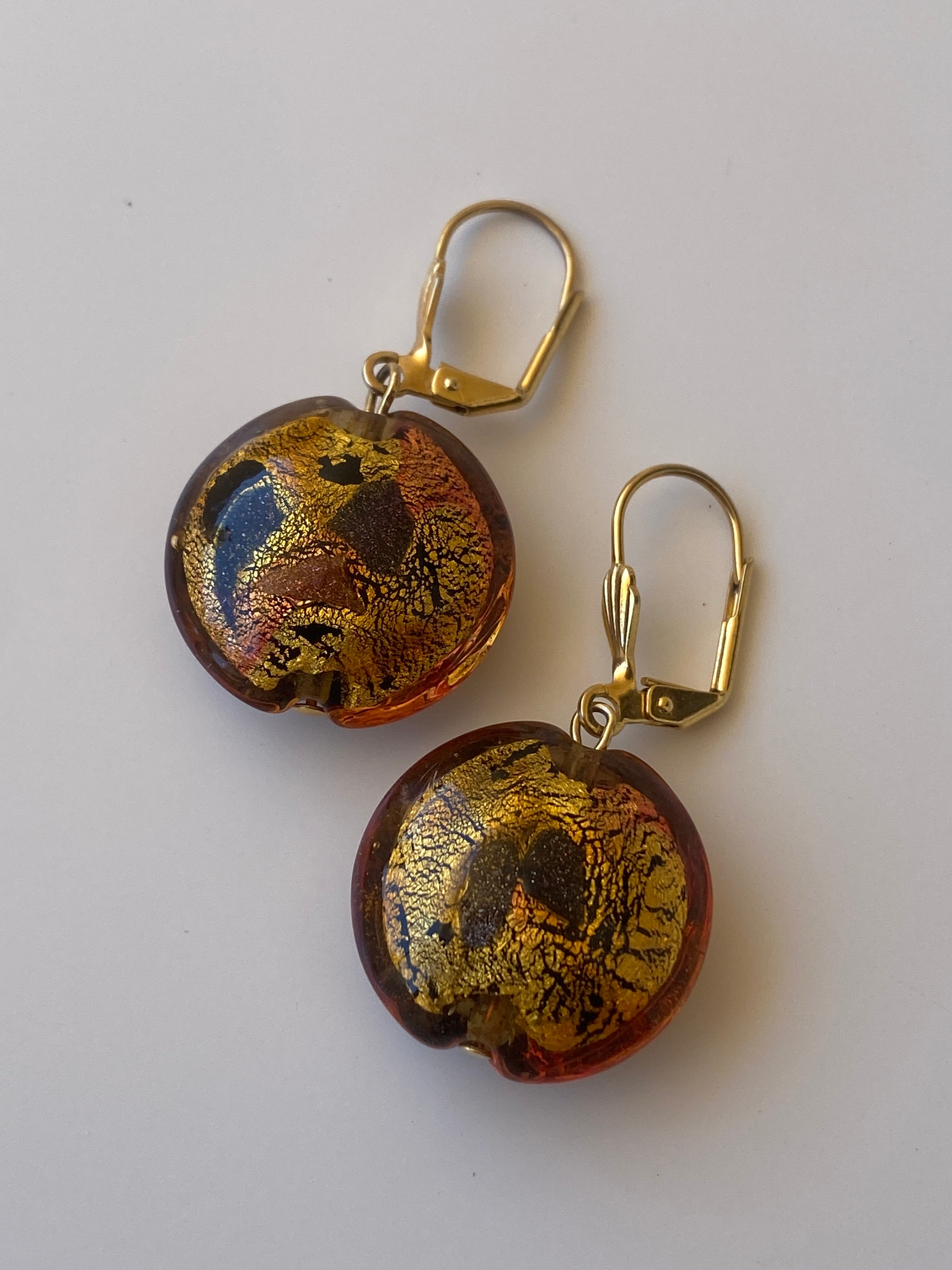Vintage Murano Style Amber Gold Foil Glass Drop Earrings