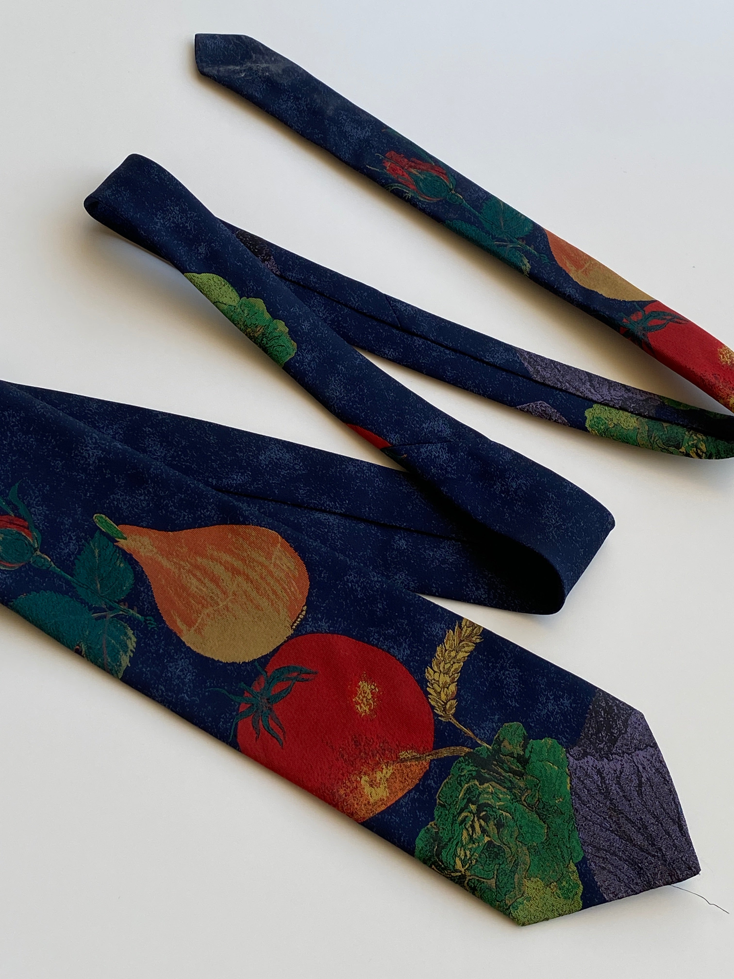 Vintage 1990s Hagelume Samen Zeker Navy Botanical Fruit Print Wide Necktie
