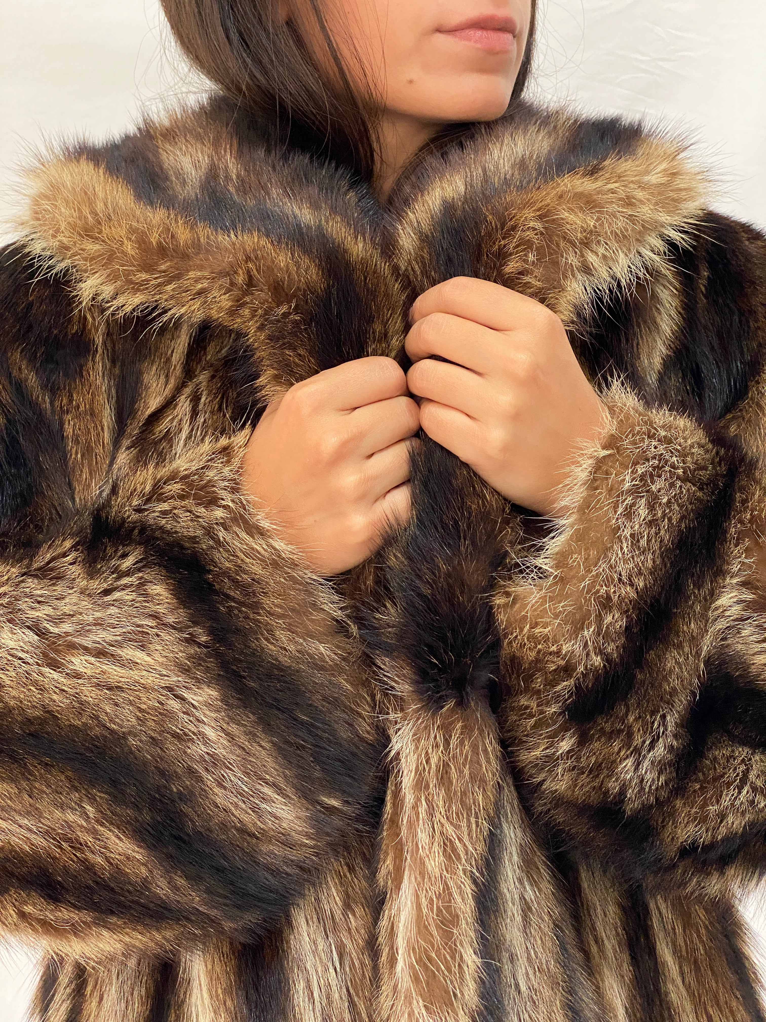 Vintage Striped Brown & Black Real Fur Coat - 70s Glam Winter Statement Jacket - M/L