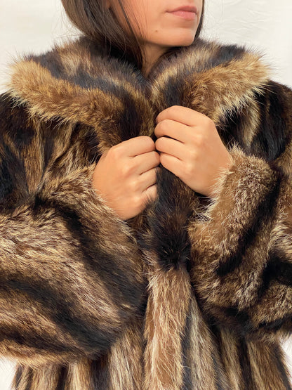 Vintage Striped Brown & Black Real Fur Coat - 70s Glam Winter Statement Jacket - M/L