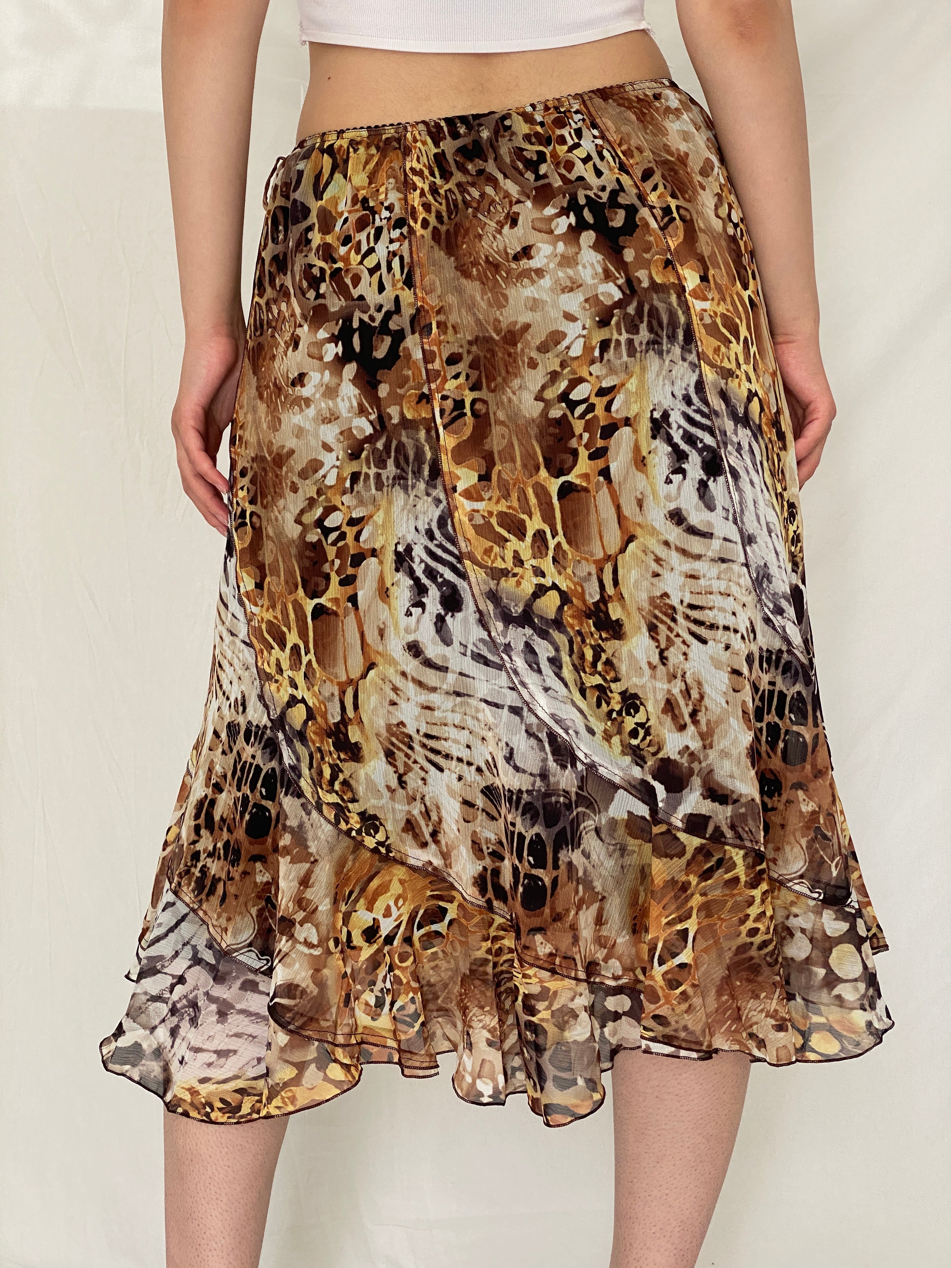 Vintage Y2K Brown Animal Print Mesh Midi Skirt – L