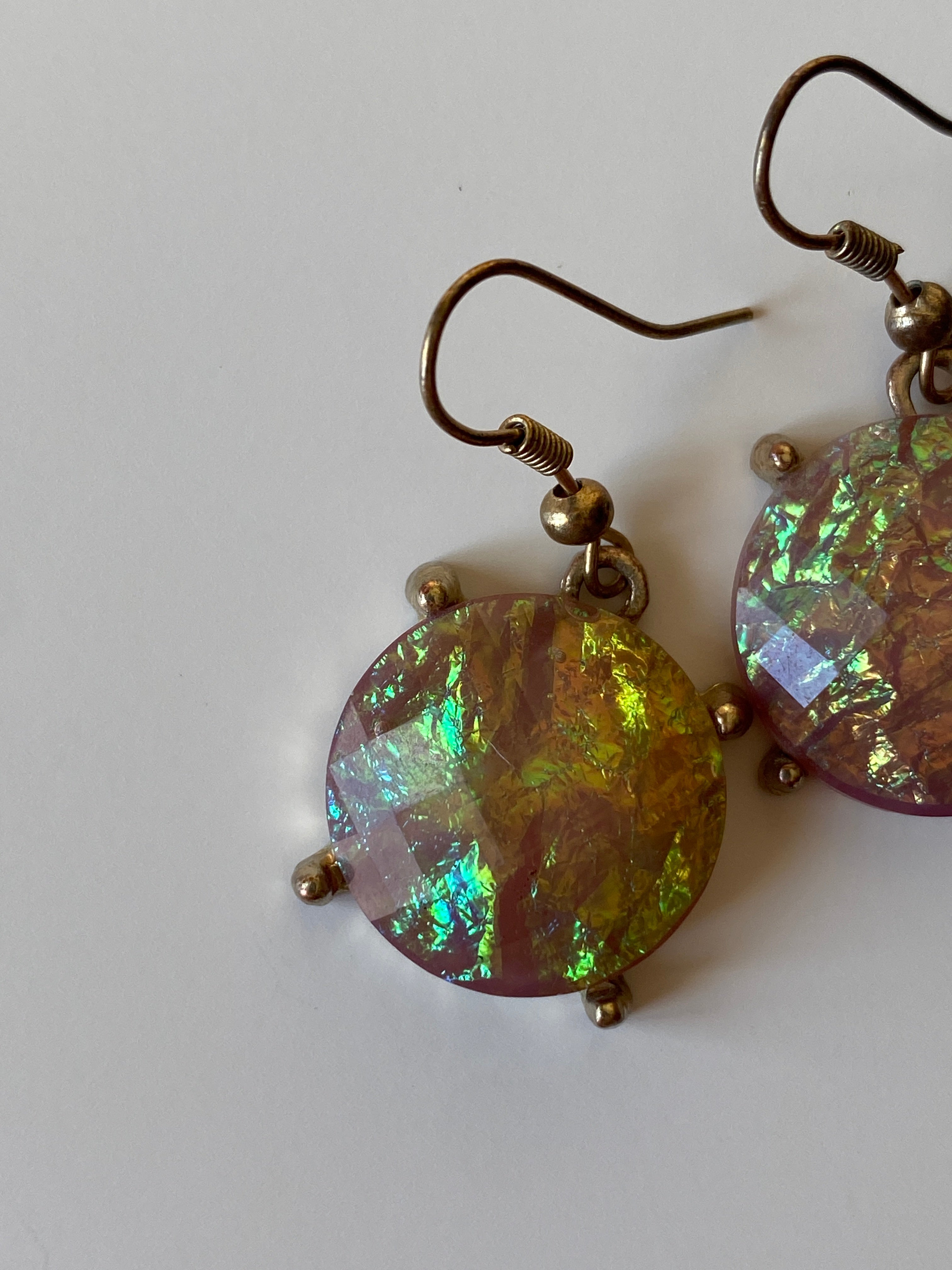 Vintage Iridescent Pink Glass Drop Earrings with Gold Tone Setting