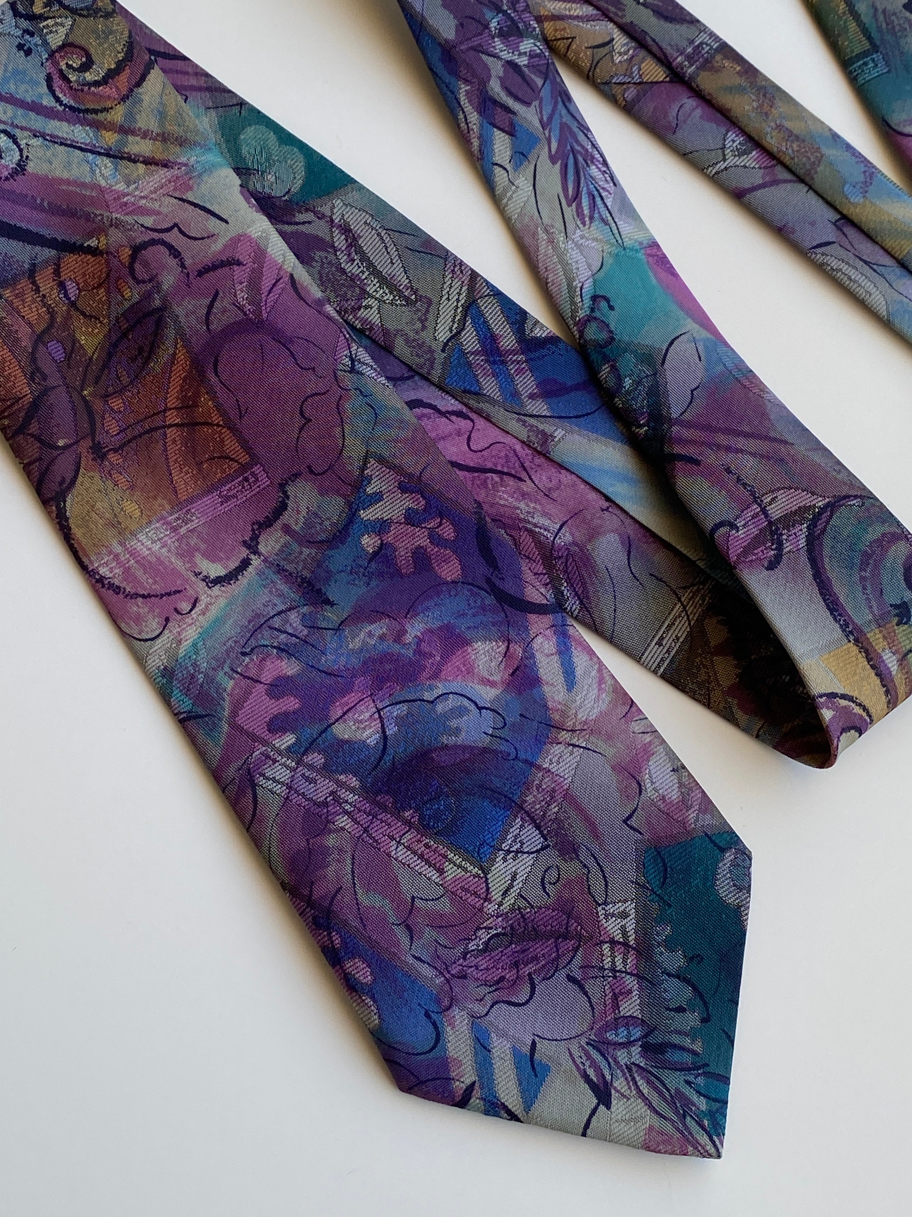 Vintage 1990s Purple Teal Abstract Floral Polyester Wide Necktie