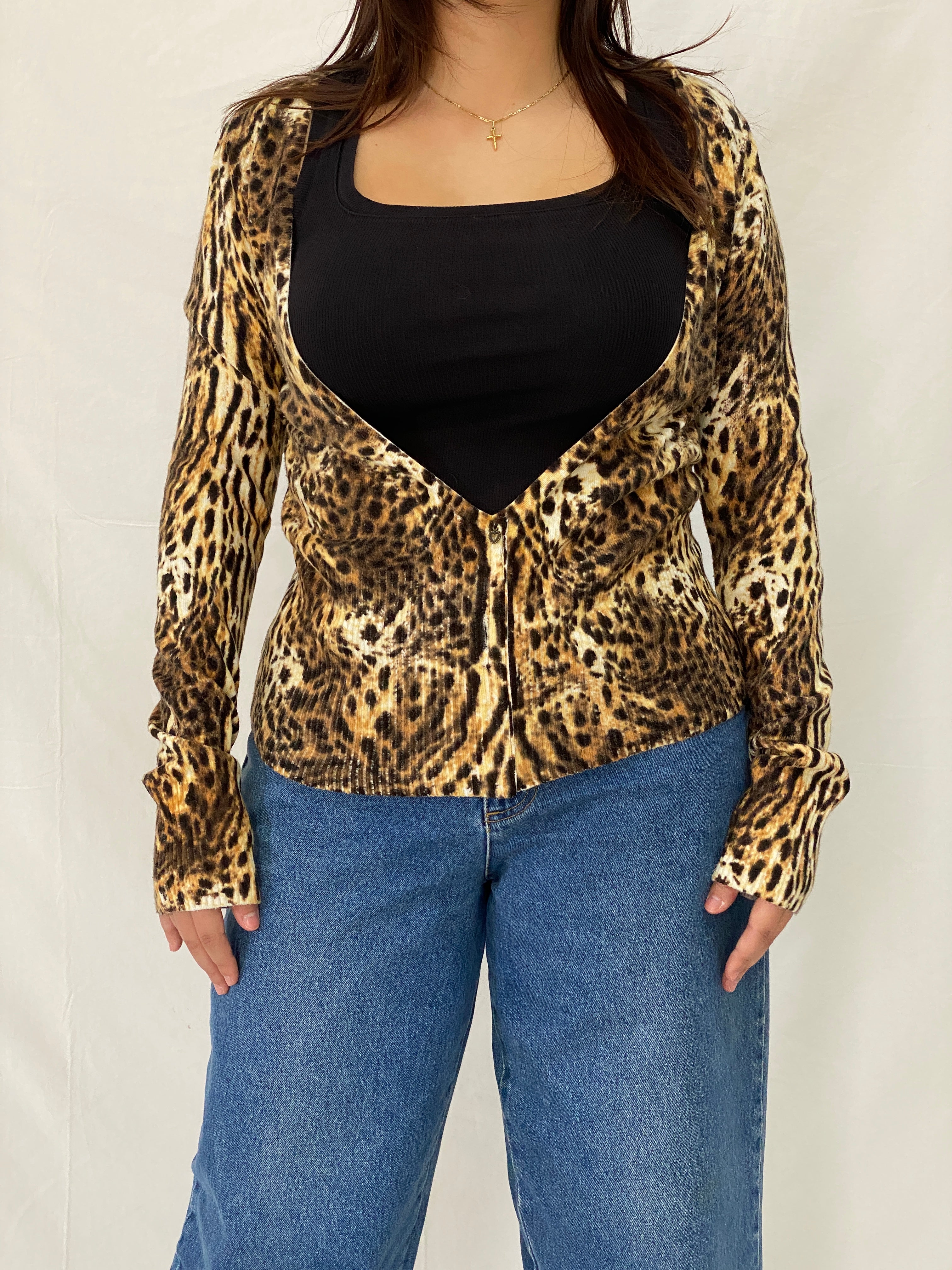 Vintage Morgan De Toi Y2K Leopard Print Knit Cardigan Top - S