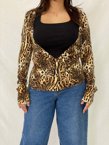 Vintage Morgan De Toi Y2K Leopard Print Knit Cardigan Top - S