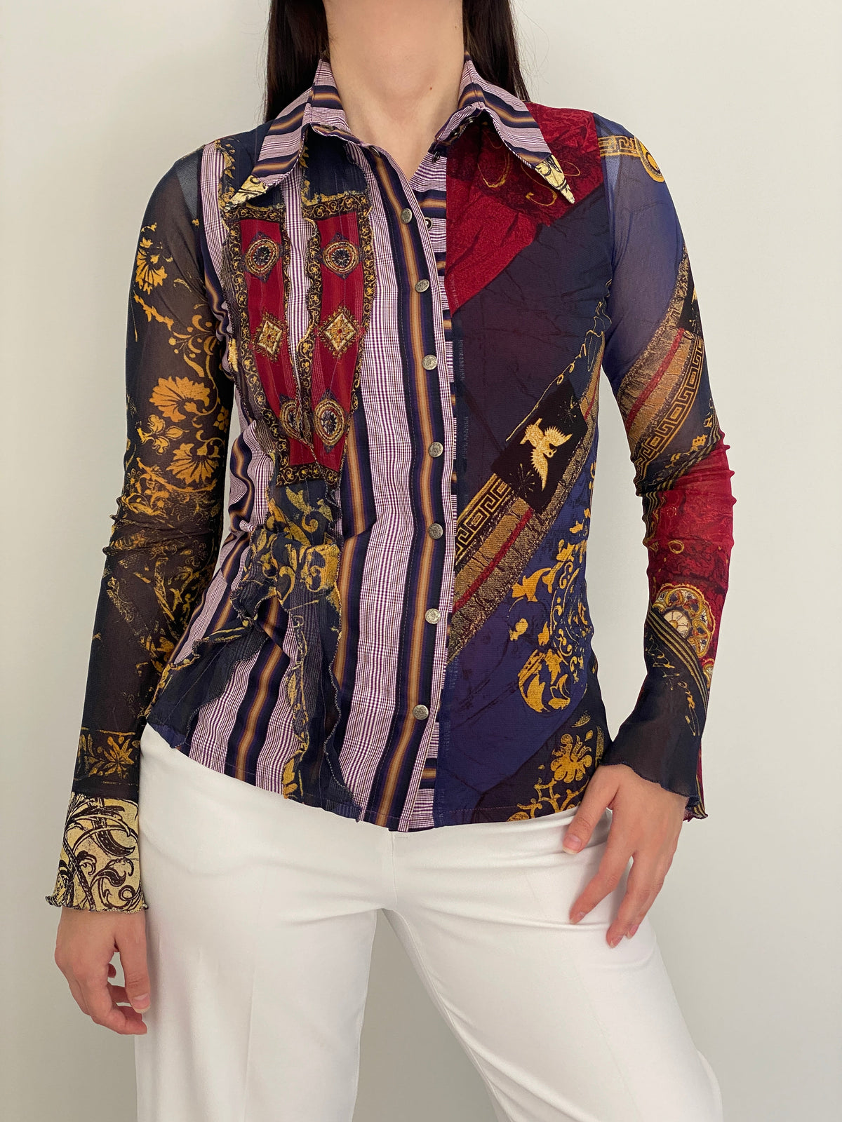 Y2K Save The Queen! Multicolor Whimsical Baroque Sheer Shirt – M