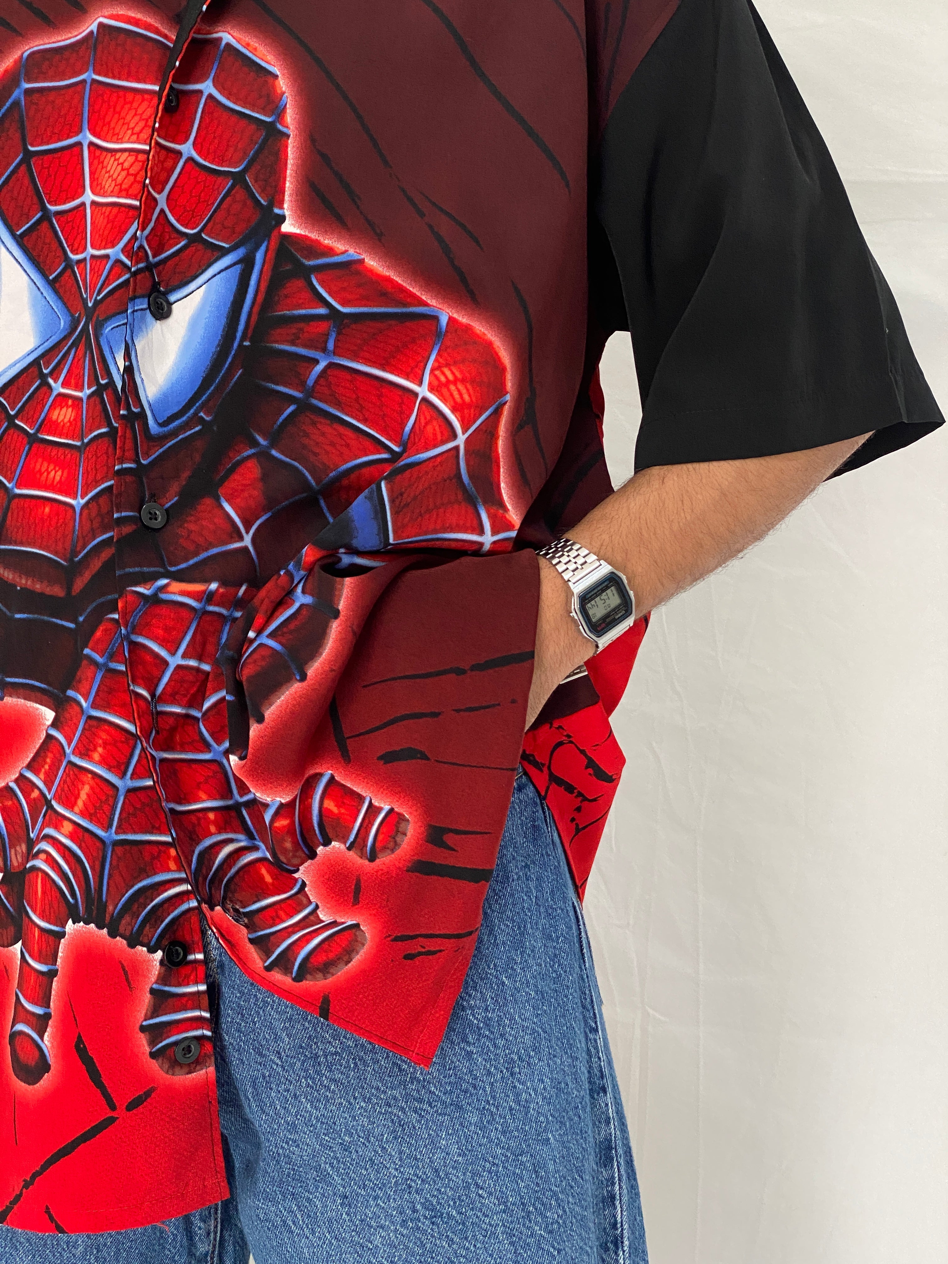 Vintage Y2K Spider-Man Graphic Button Up Red & Black Comic Shirt – L