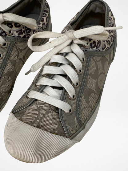 Coach Gray Monogram Canvas Sneakers with Leopard Trim - 38.5EU