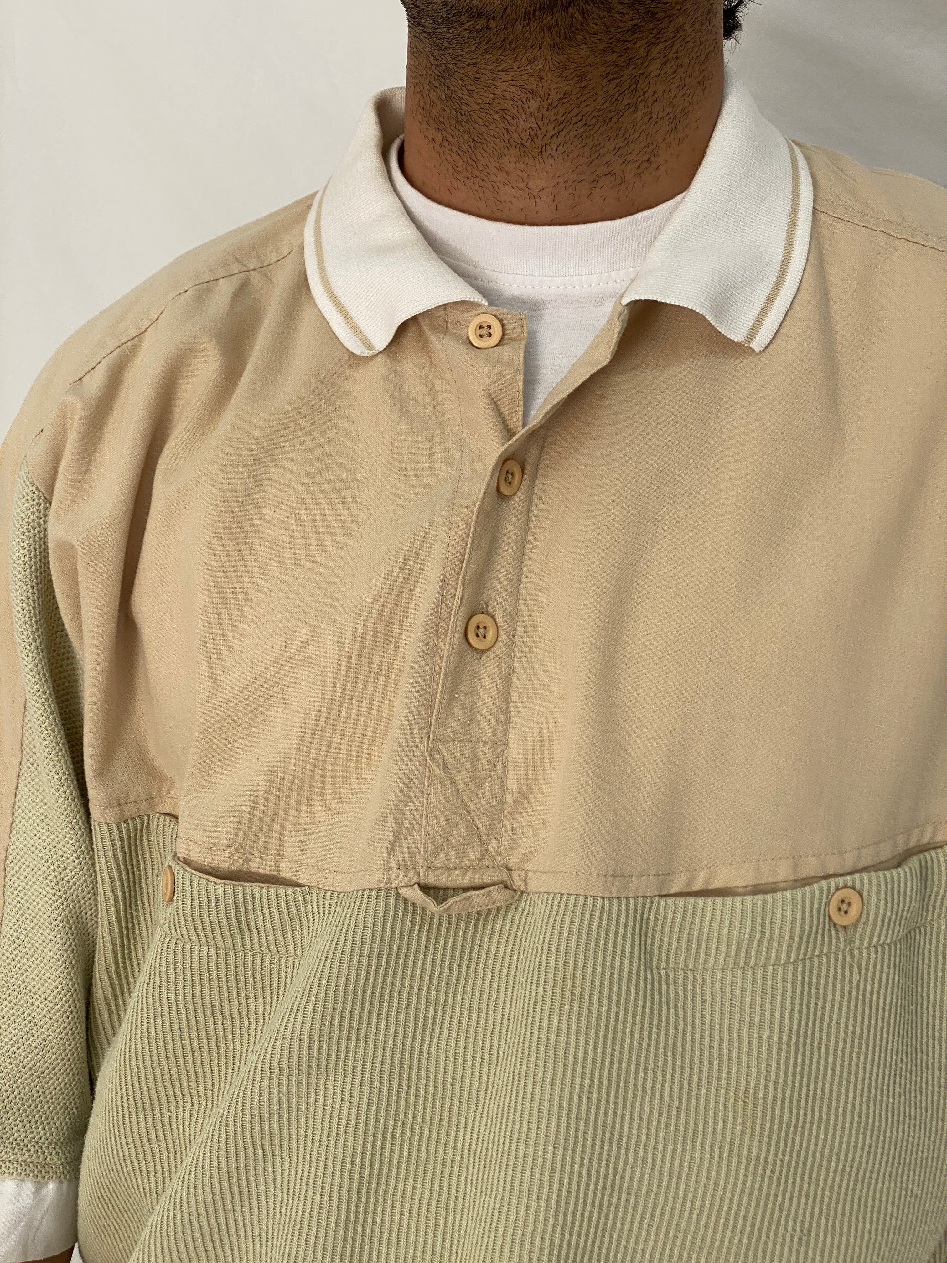 90s Beige Ribbed Elastic Waist Polo Top Minimalist Color Block Shirt – L