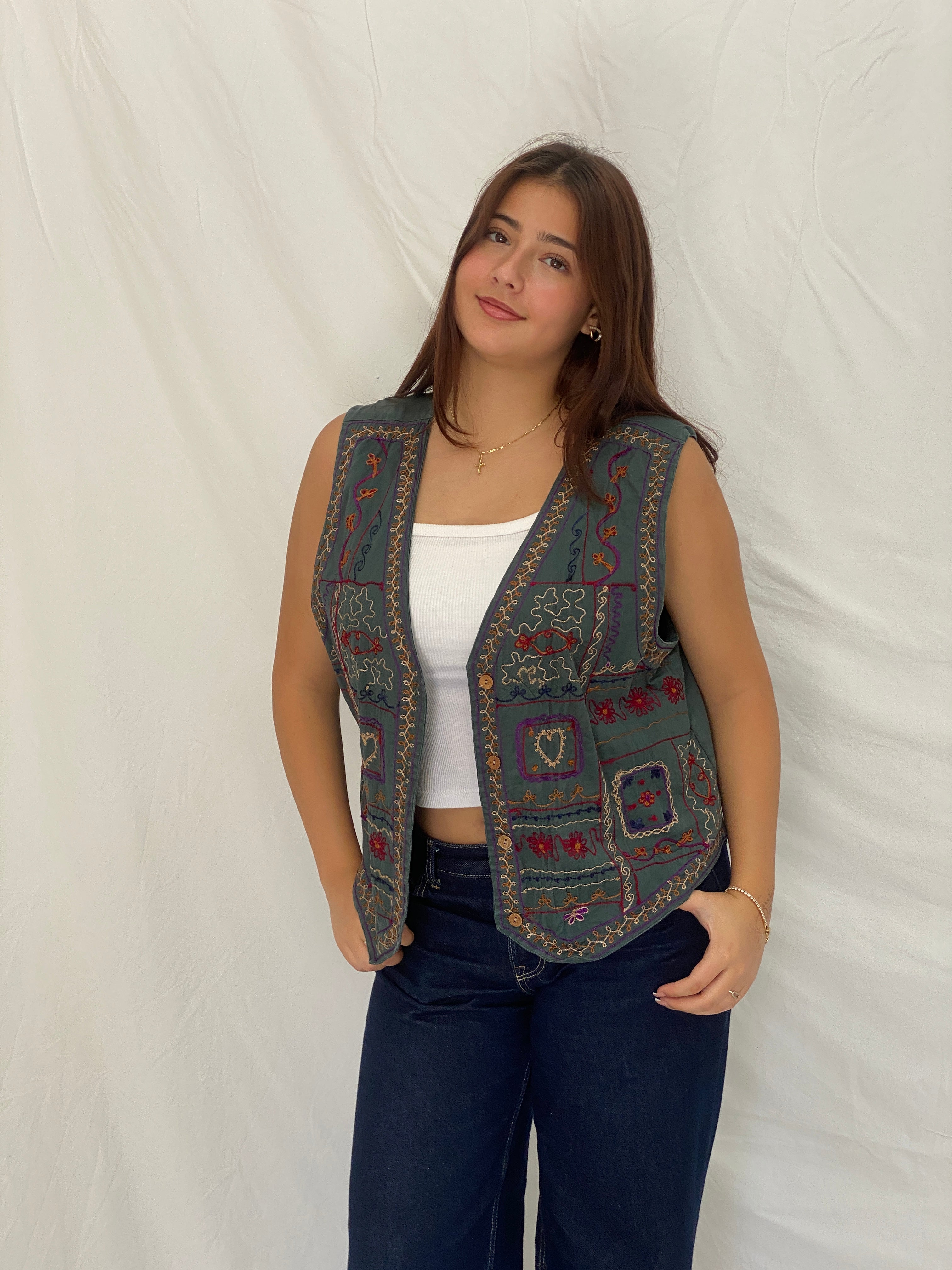 Vintage Weekend Provisions Sage Green Cotton Embroidered Boho Vest – XL