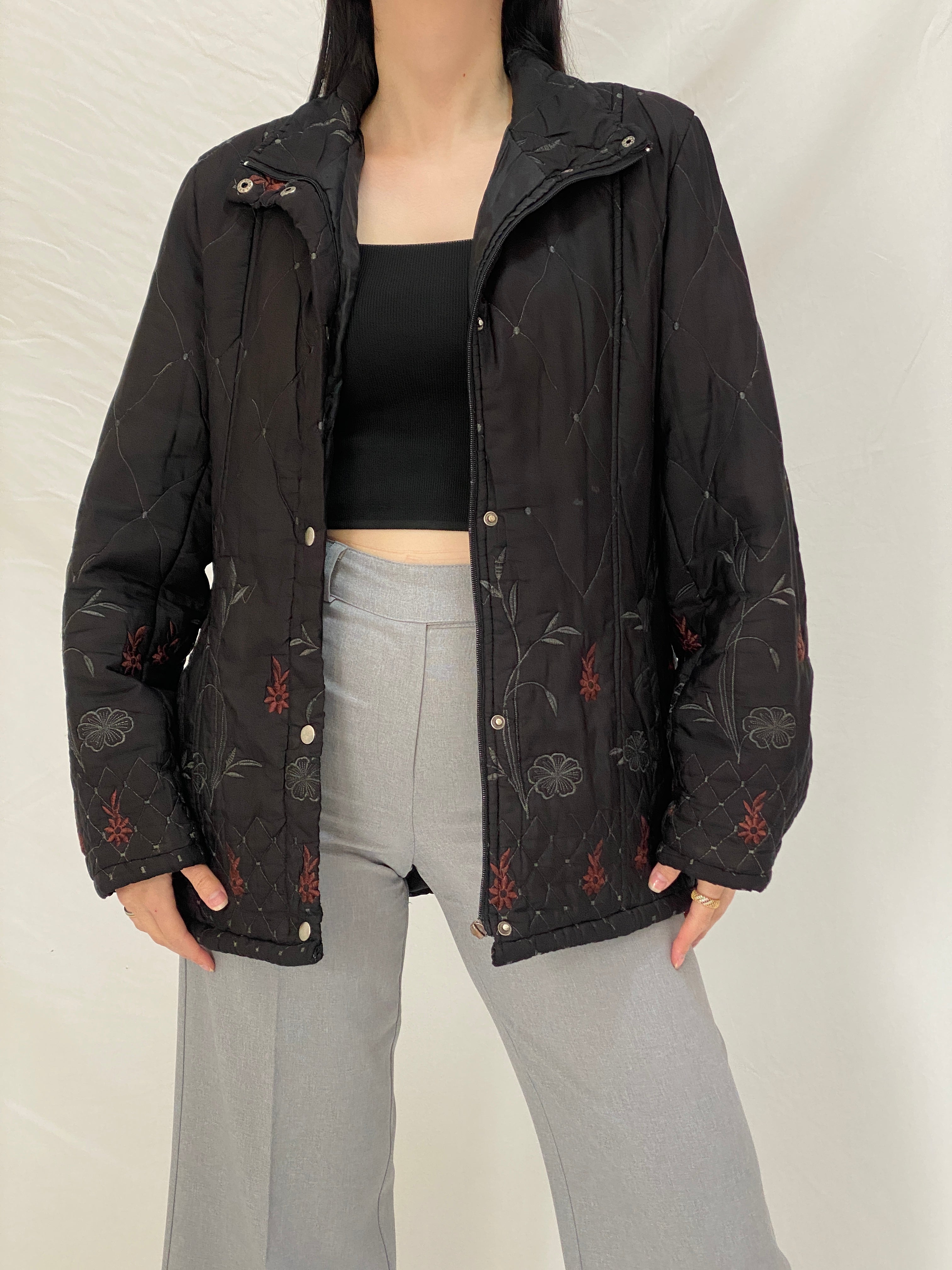 Vintage 90s Motuoren Black Quilted Embroidered Floral Lightweight Padded Jacket Coat - M
