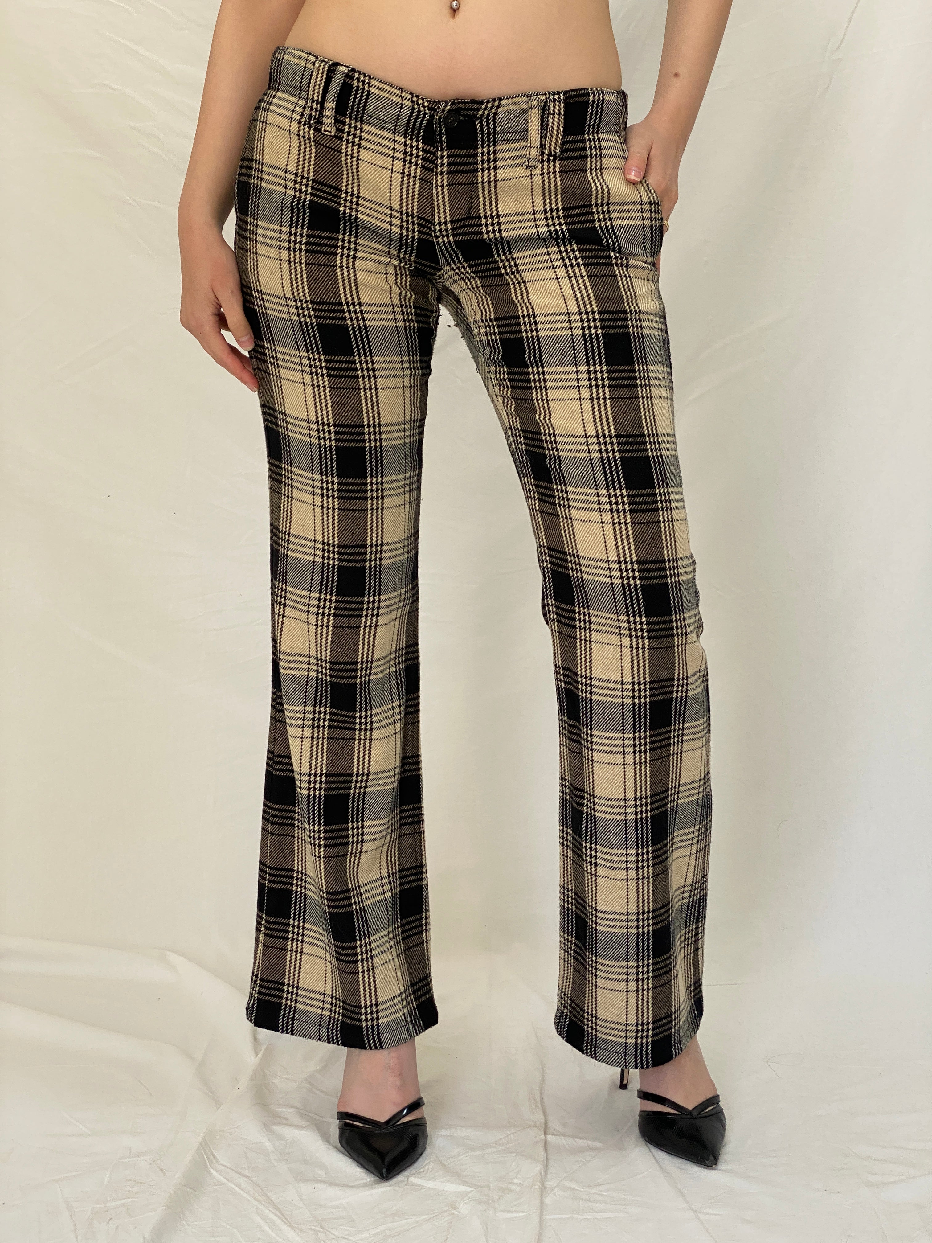 Vintage Y2K Freeman T. Porter Beige & Black Plaid Low Rise Flare Pants - M