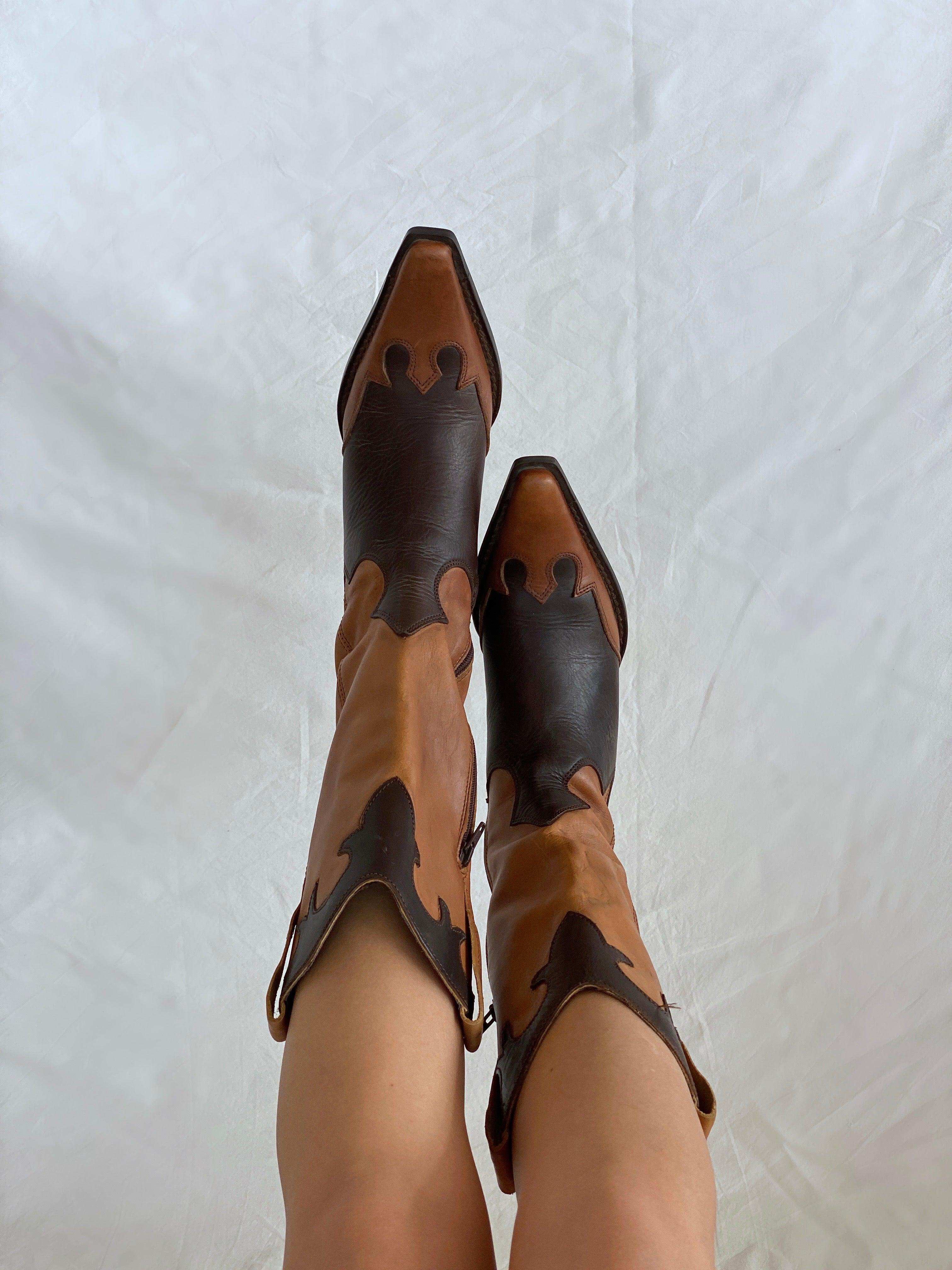 Rare Vintage 90s/00s Genuine Leather Mustang Shoes Cowboy Boots - Balagan Vintage Cowboy boots Boots, brown leather, cowboy boots, genuine leather, NEW IN