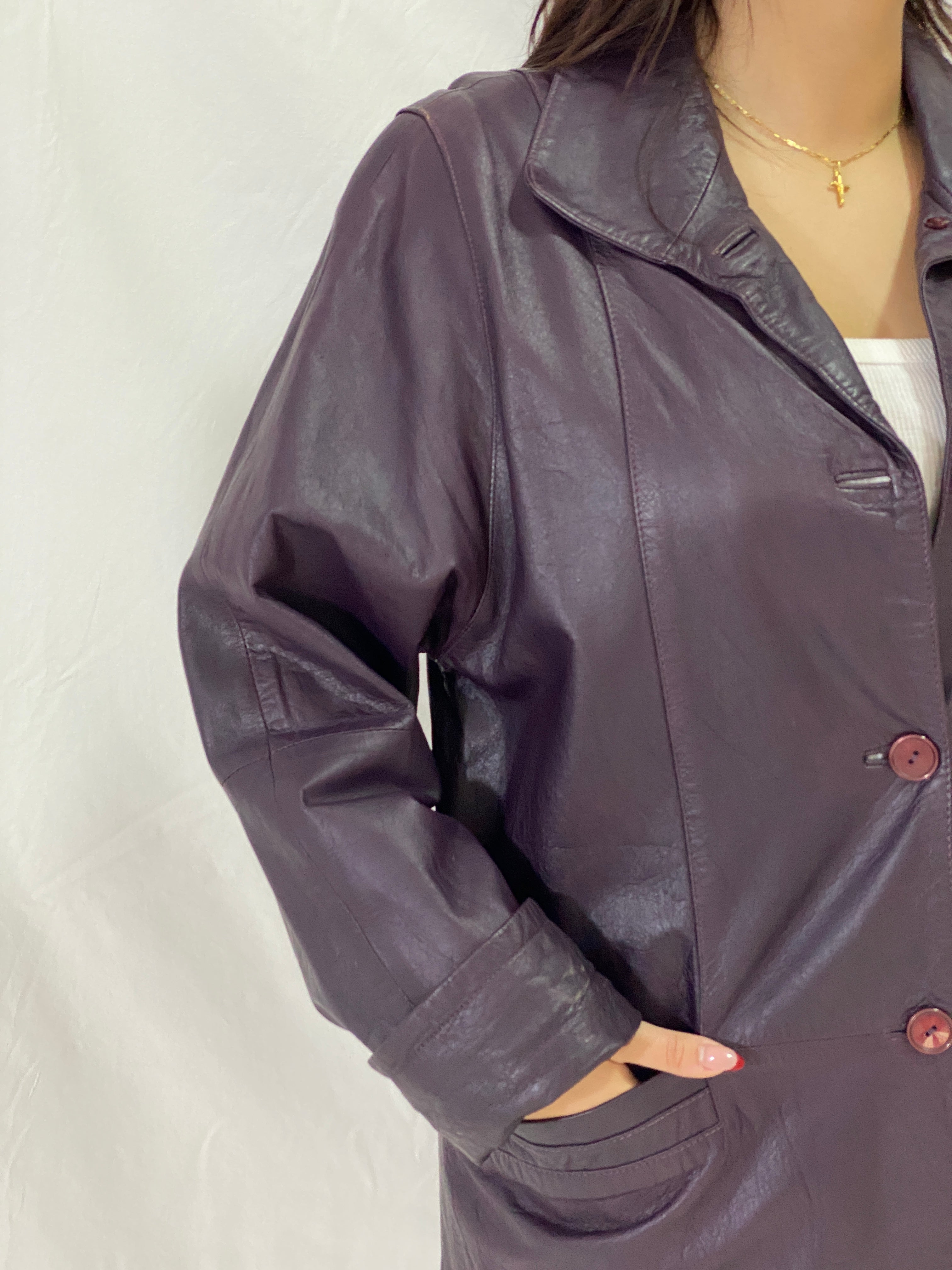 Vintage PER ME Purple Genuine Leather Jacket Italian Tailored Button-Up Leather Coat - L
