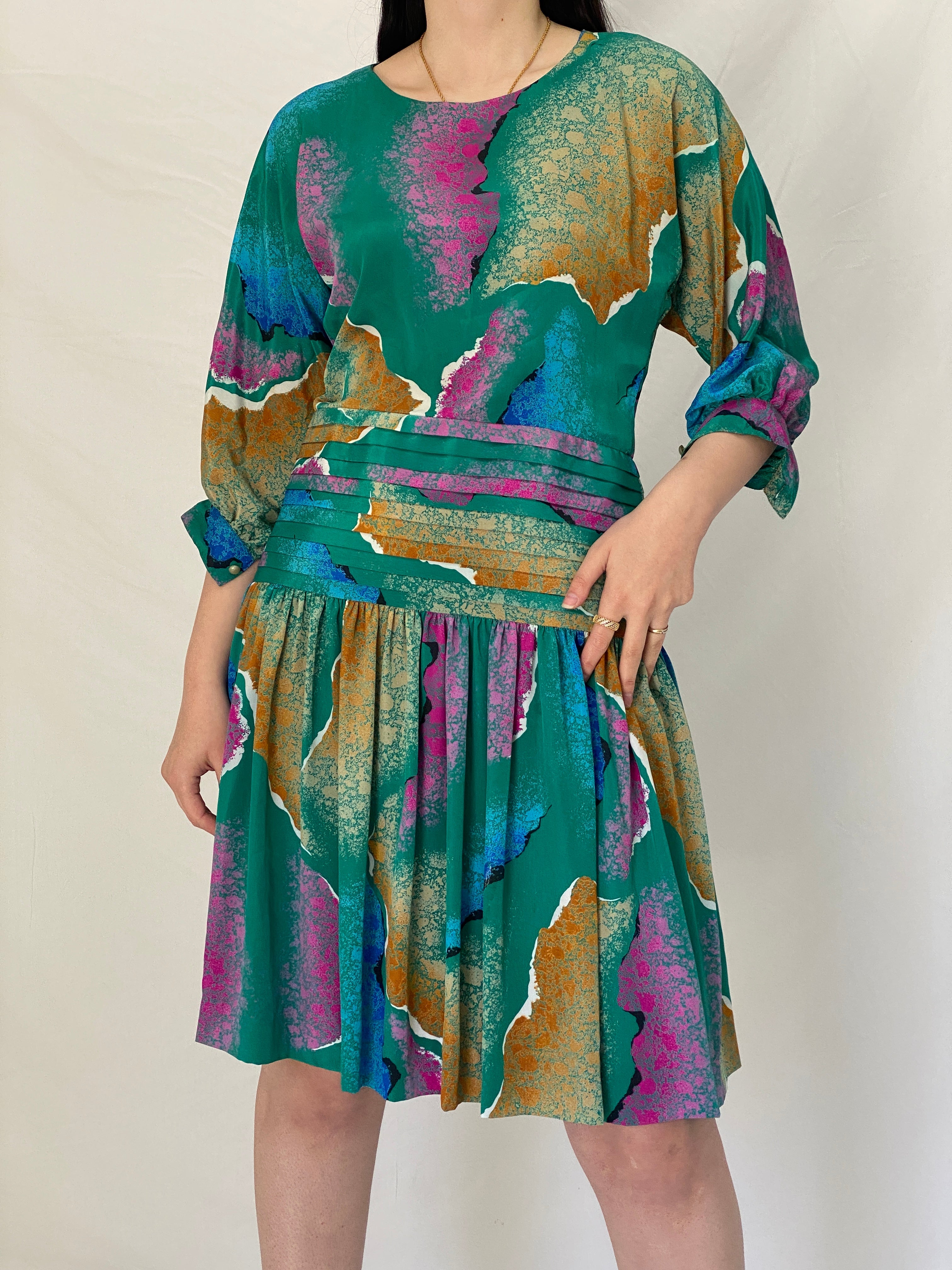 Vintage Silken Green Abstract Print Pleated Waist Midi Dress 80s 90s Statement Dress - M