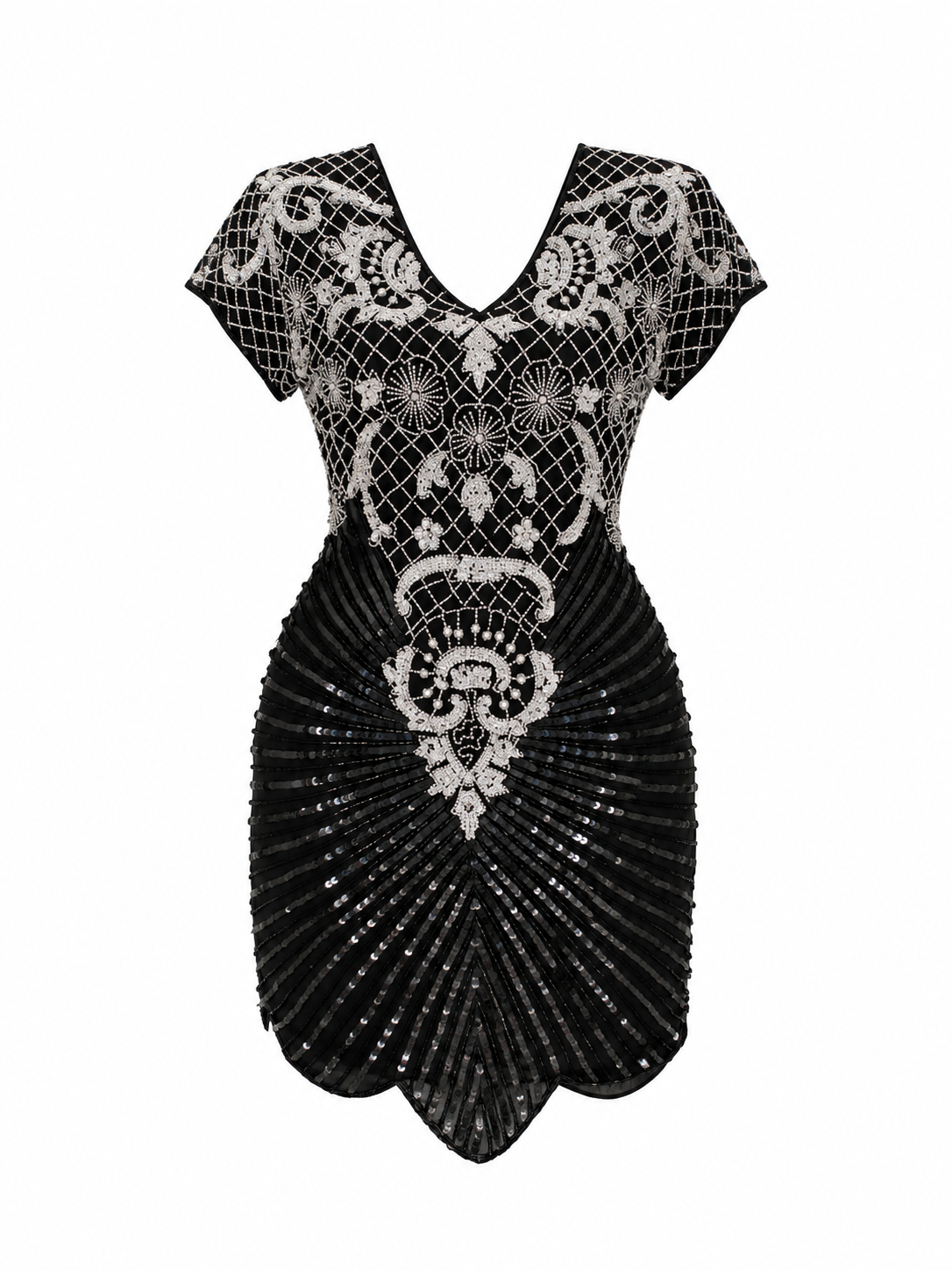 Vintage 80s Laurence Kazar Black & White Silk Beaded Sequin Cocktail Dress - M