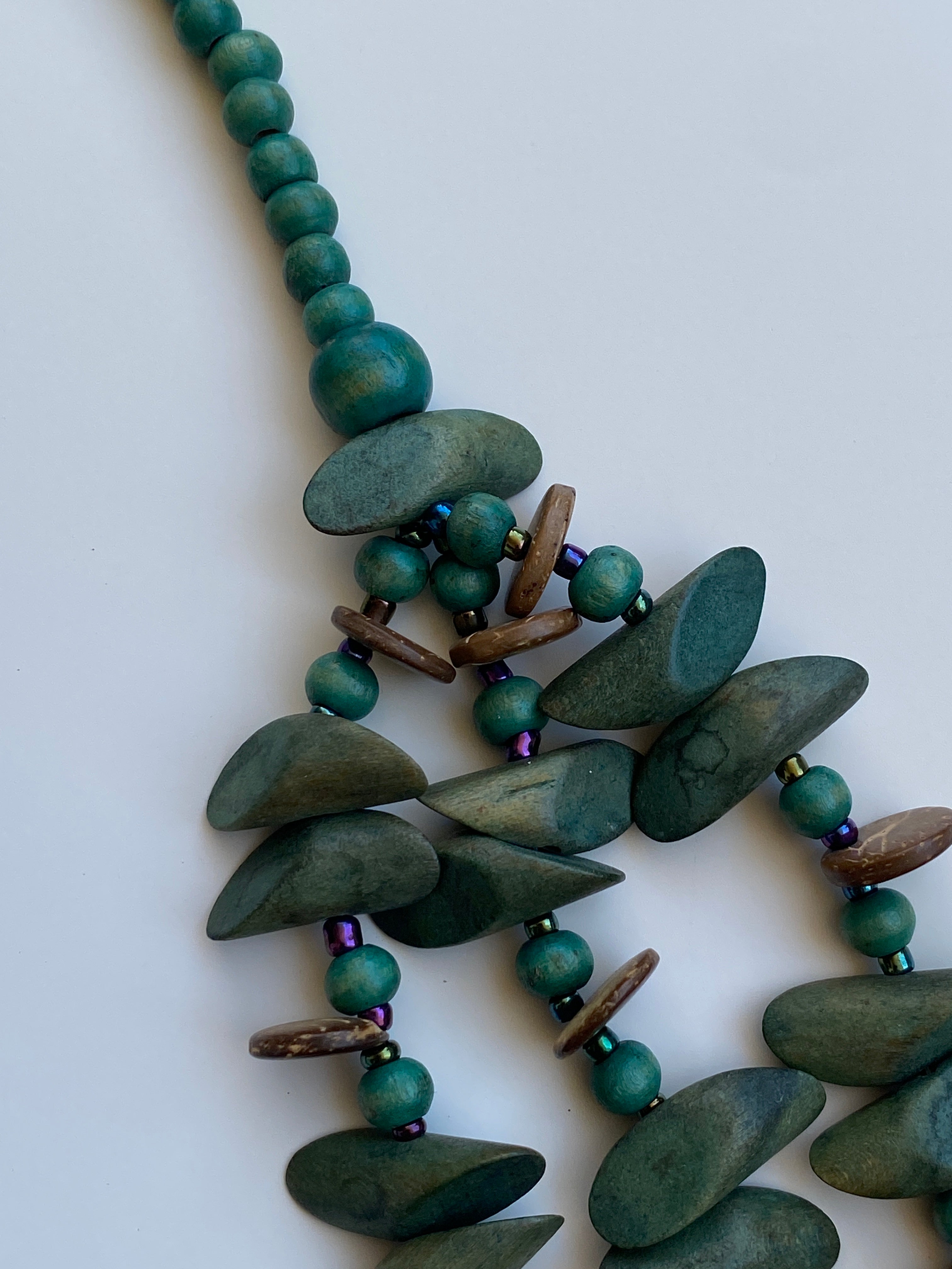 Vintage Boho Green Multi-Strand Wood Beaded Necklace
