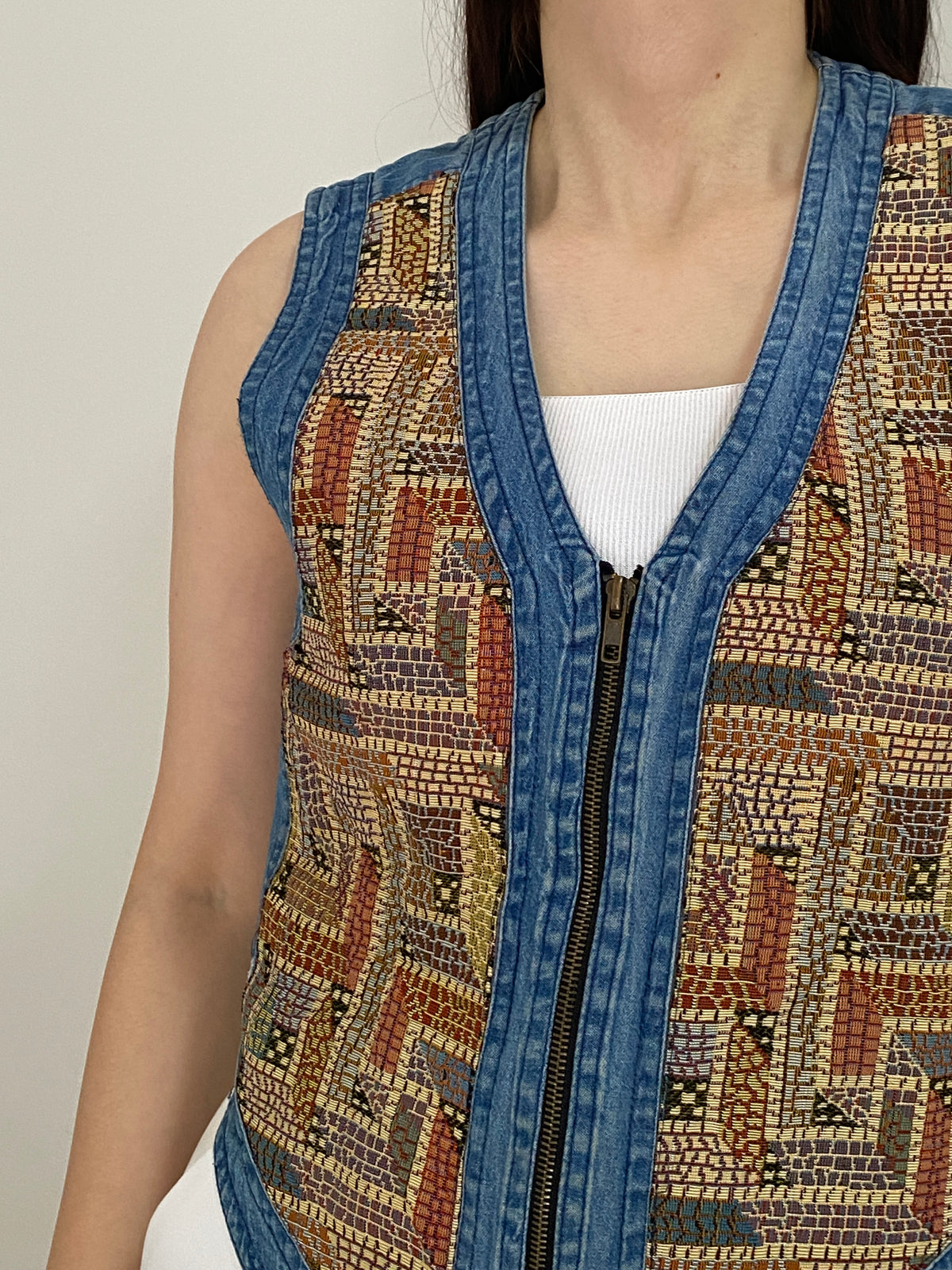 Vintage 90s New Direction Denim & Mosaic Tapestry Zip-Up Vest – M