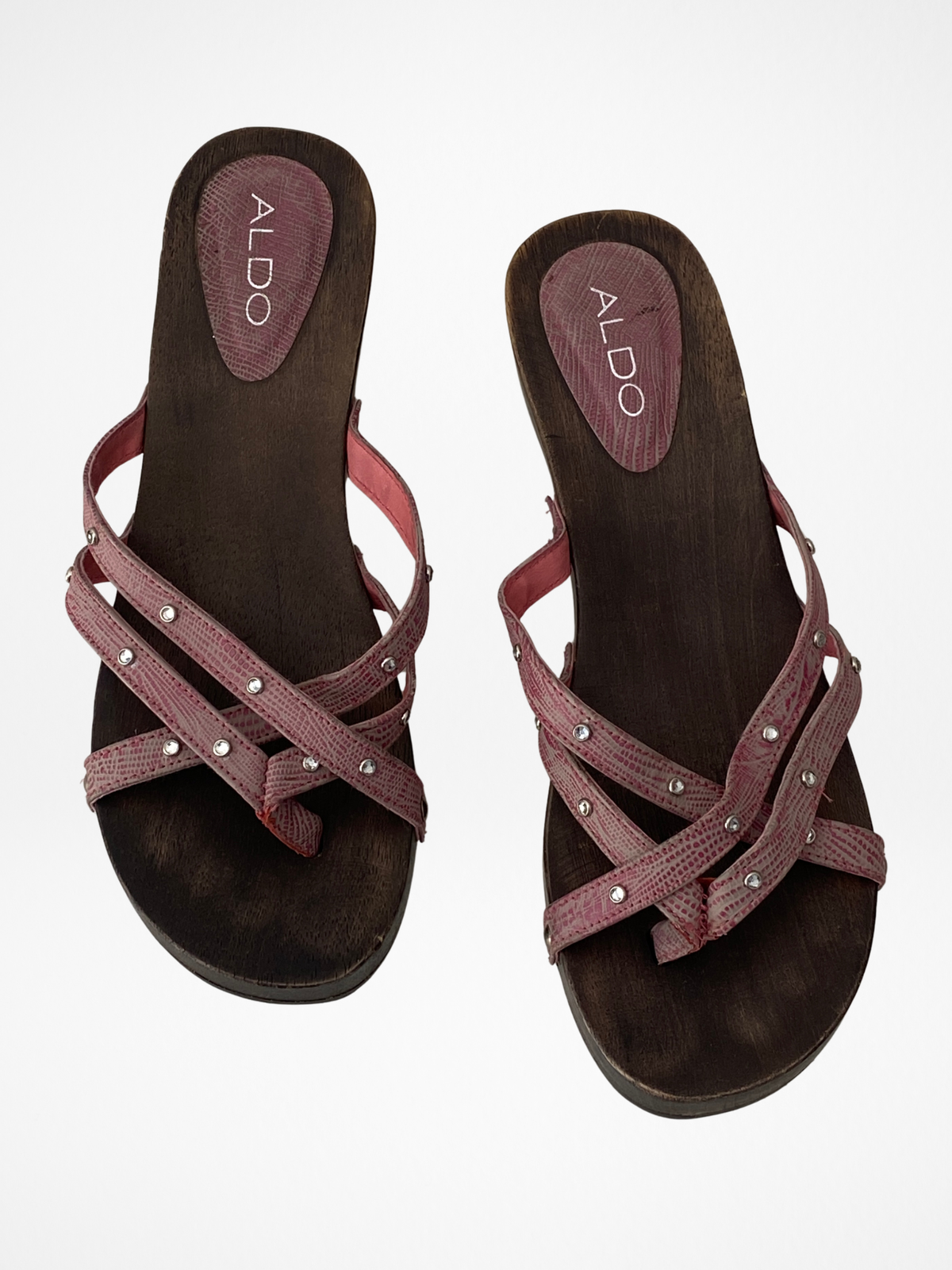 Vintage Y2K ALDO Pink Rhinestone Strappy Wooden Clog Sandals - 37 EU