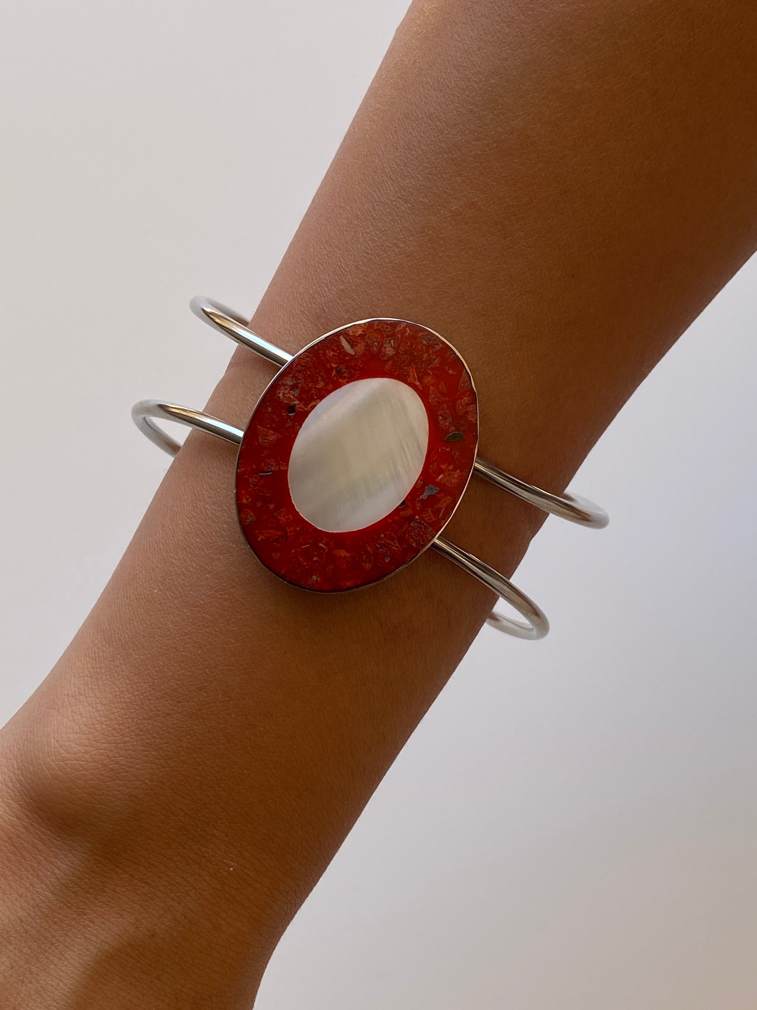 Vintage Modernist Red Resin Inlay Silver-Tone Open Arm Cuff Bracelet